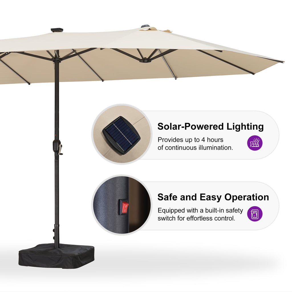 PURPLE LEAF 13ft Market Patio Umbrella with Solar LED and Base Double-Sided Sun Umbrellas for Pool Beach Deck Backyard Taupe