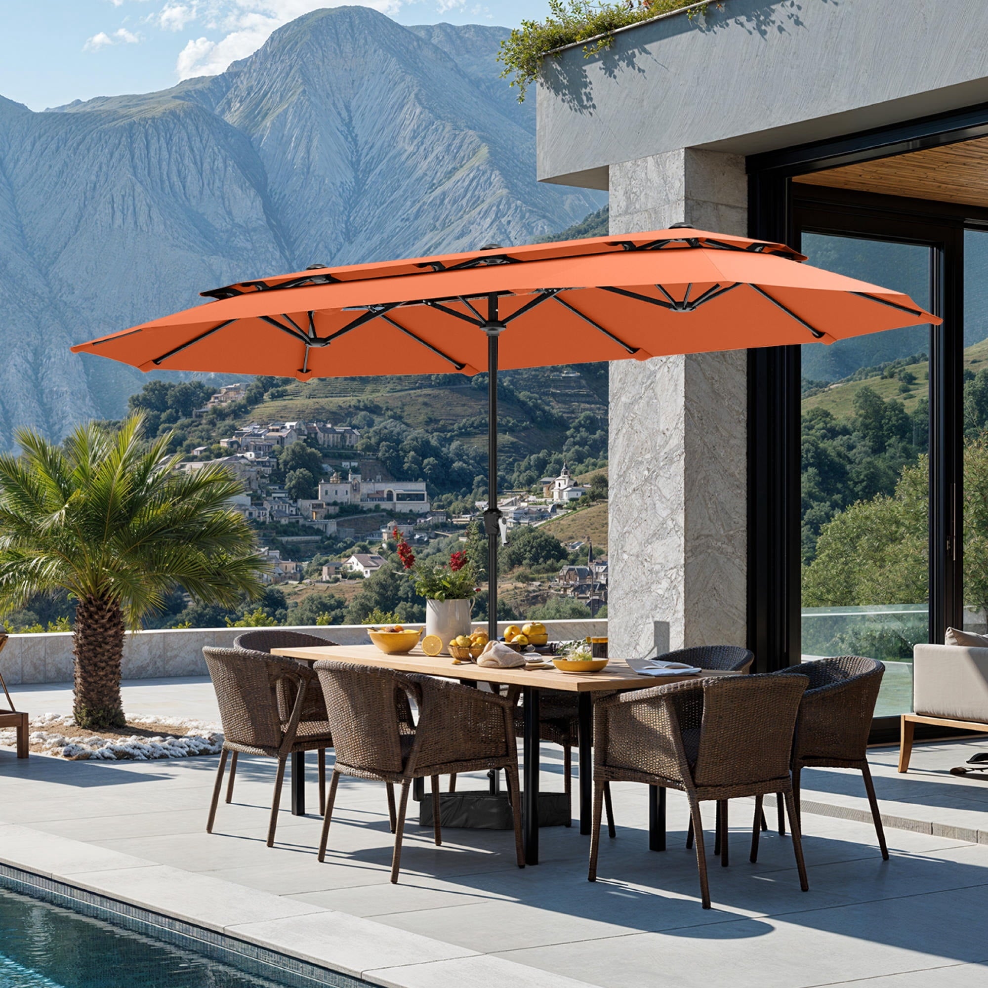 SUMMIT LIVING 13FT Patio Umbrella with Base Included - Double-Vented Rectangle Outdoor Market Umbrella for Patio - Beige