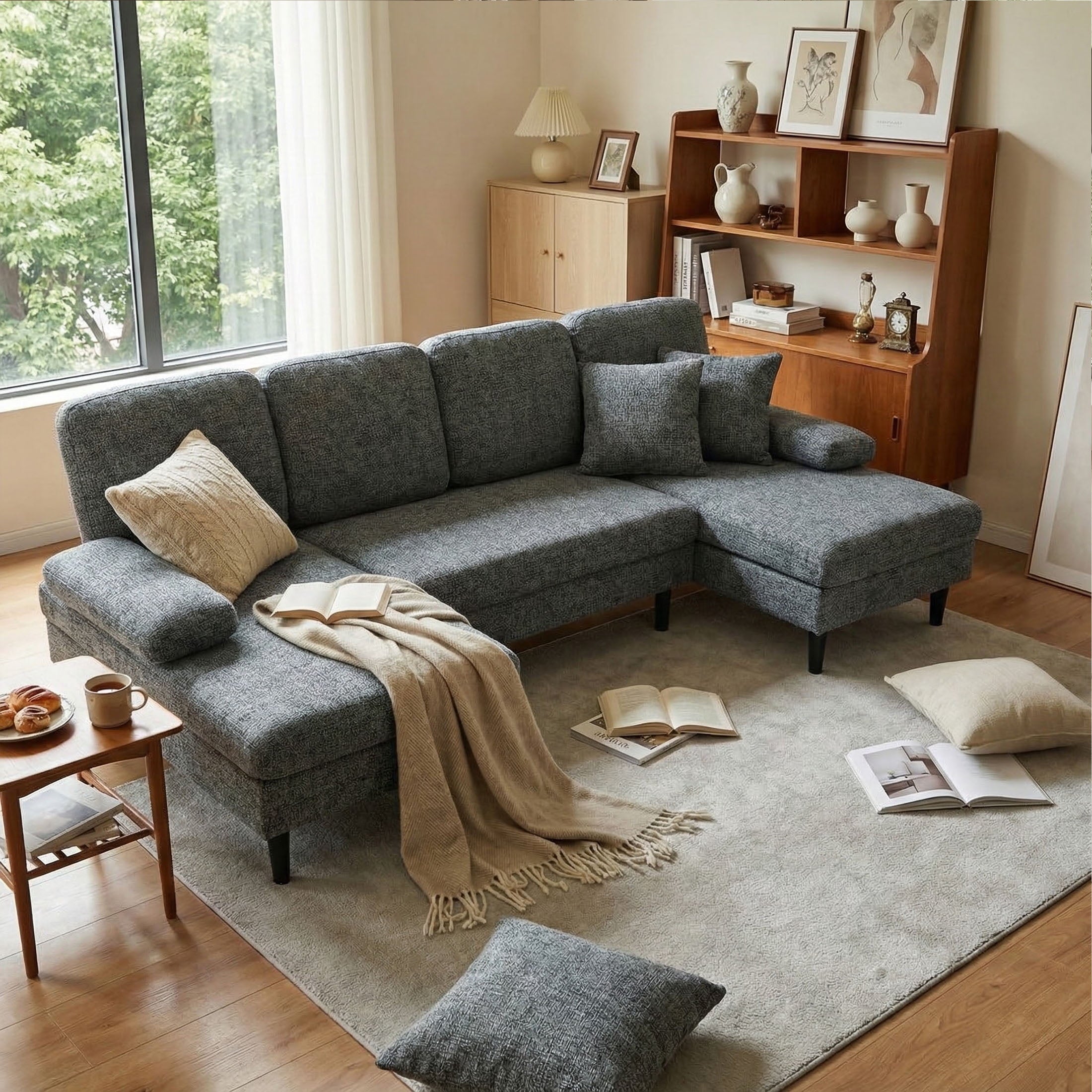 edx 99 U-Shaped 6 Seat Sofa Couch for Living Room, Linen Fabric Sofa Bed with Removable Pillows for Home and Apartment (Fabric, Dark Grey)