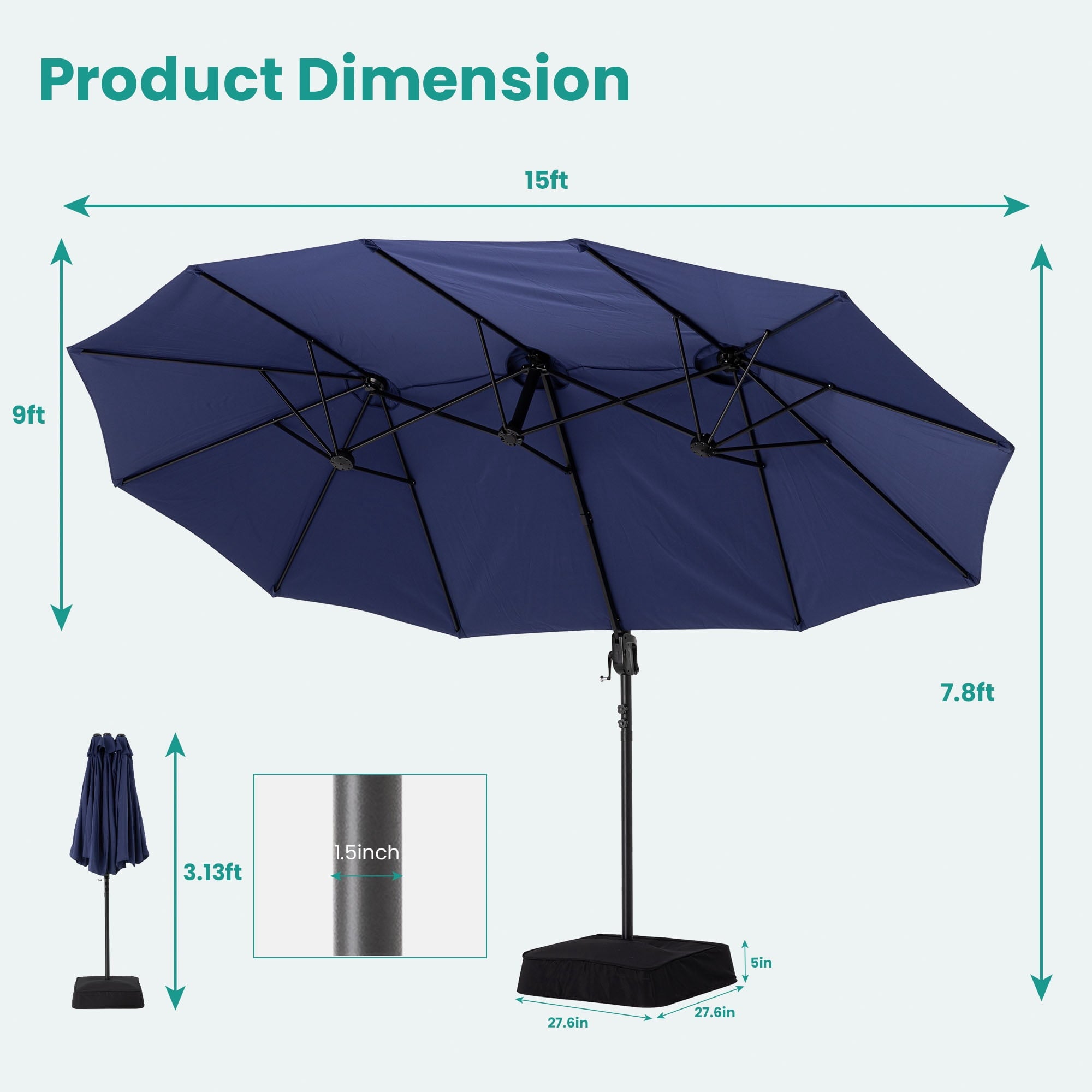 MOALCOFER 15 x 9 FT Double Sided Patio Umbrella with Base Included, Outdoor Rectangular Market Umbrella with Crank Lift, 12 Reinforced Ribs， Khaki