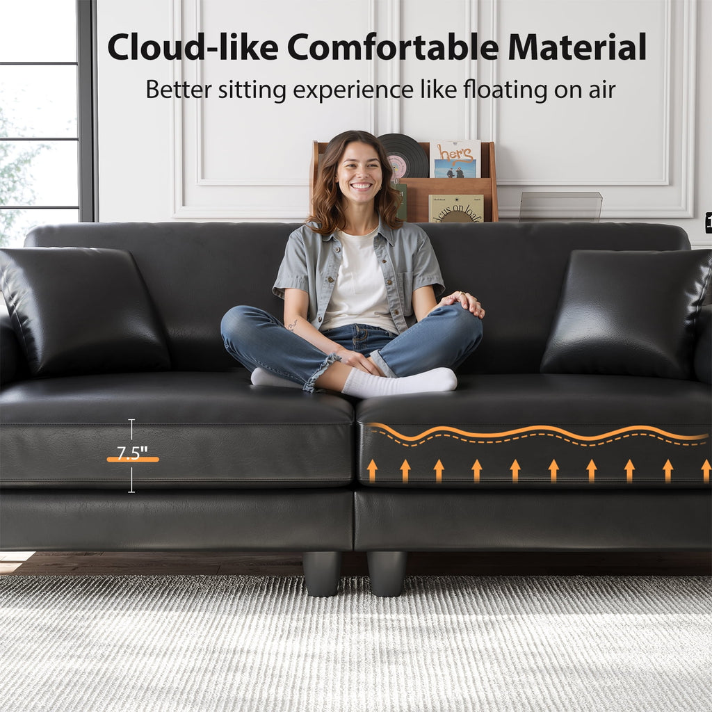 83 Couch Premium PU Leather Sofa, Comfy Extra Deep Seat 3 Seater Couch for Living Room, Oversized Loveseat with 2 Pillows, Beige