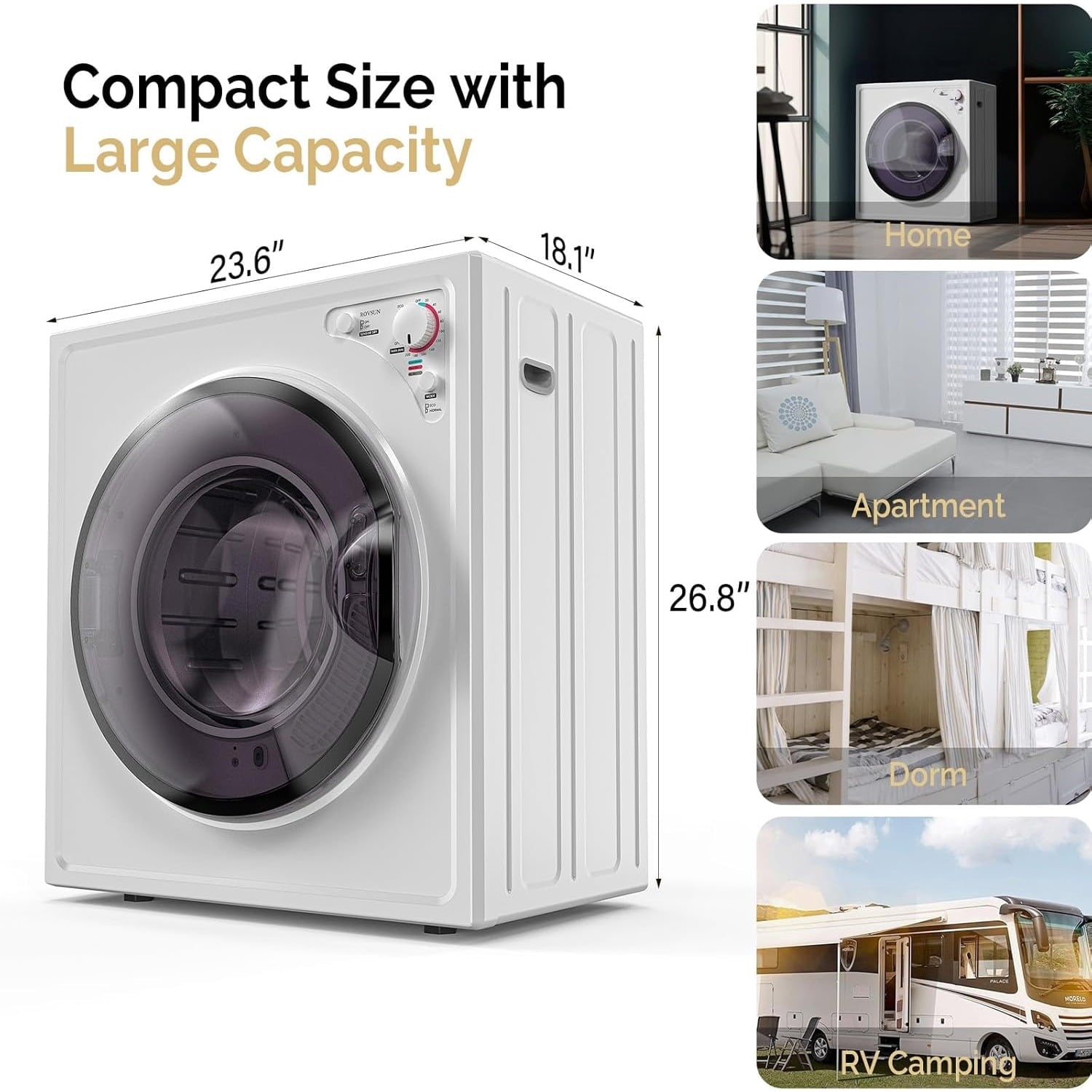 2.6 Cu.Ft White Compact Portable Laundry Dryer, 110V Electric Clothes Dryer with Stainless Steel Tub & Control Knob, Small Portable Dryer Machine for Apartment Dorm RV Indoor Use