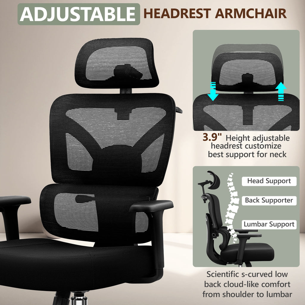COOLHUT Ergonomic Mesh Office Chair with Footrest, Big and Tall Computer Desk Chair with Adjustable Lumbar Support, Headrest and Armrest, High Back Home Office Chair for Workspace, 300LBS, Black