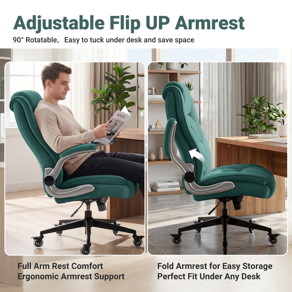 Ergonomic Home Office Chair with Locking Wheels, High-back Desk Chair with Thick Padded Flip-up Armrest, Comfy Executive Chair with Adjustable Lumbar Support for Home & Office & Work