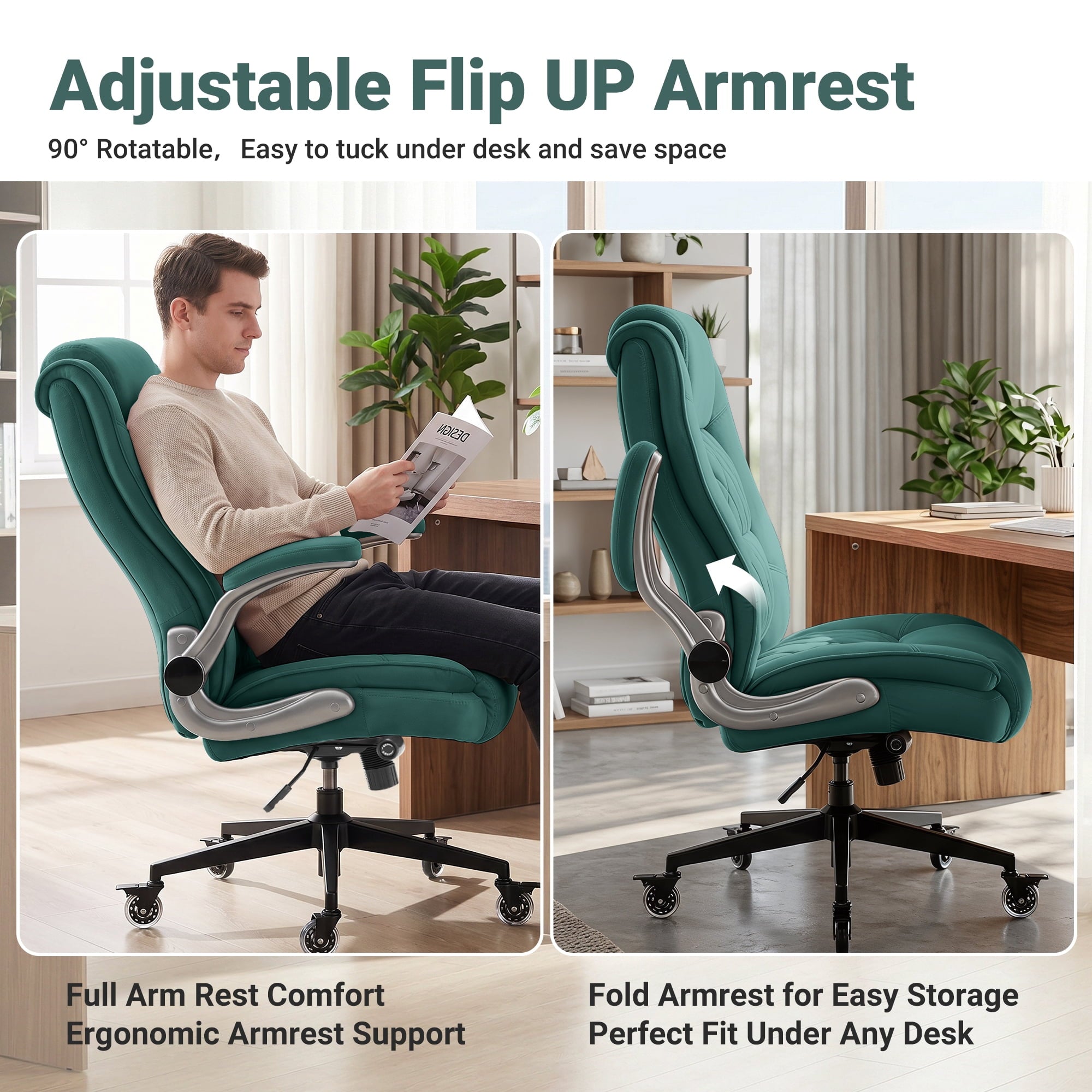 Ergonomic Home Office Chair with Locking Wheels, High-back Desk Chair with Thick Padded Flip-up Armrest, Comfy Executive Chair with Adjustable Lumbar Support for Home & Office & Work