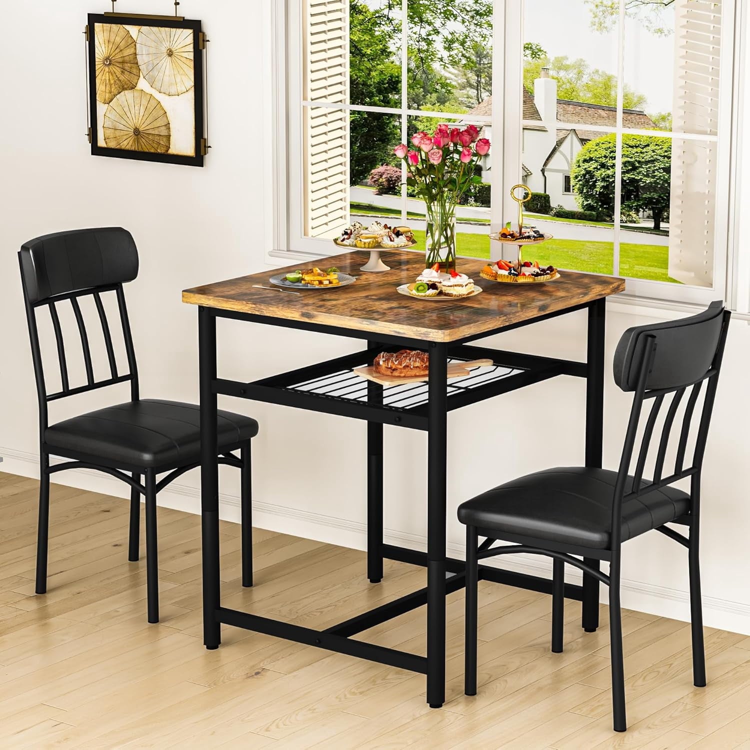Lamerge 4 Person Dining Table Set, Wooden Dining Table 5 Piece Set with 4 Oak Metal Frame Chairs, Space Saving, Suitable for Apartments, Small Spaces, Kitchens, Breakfast Corners, Espresso Wood C
