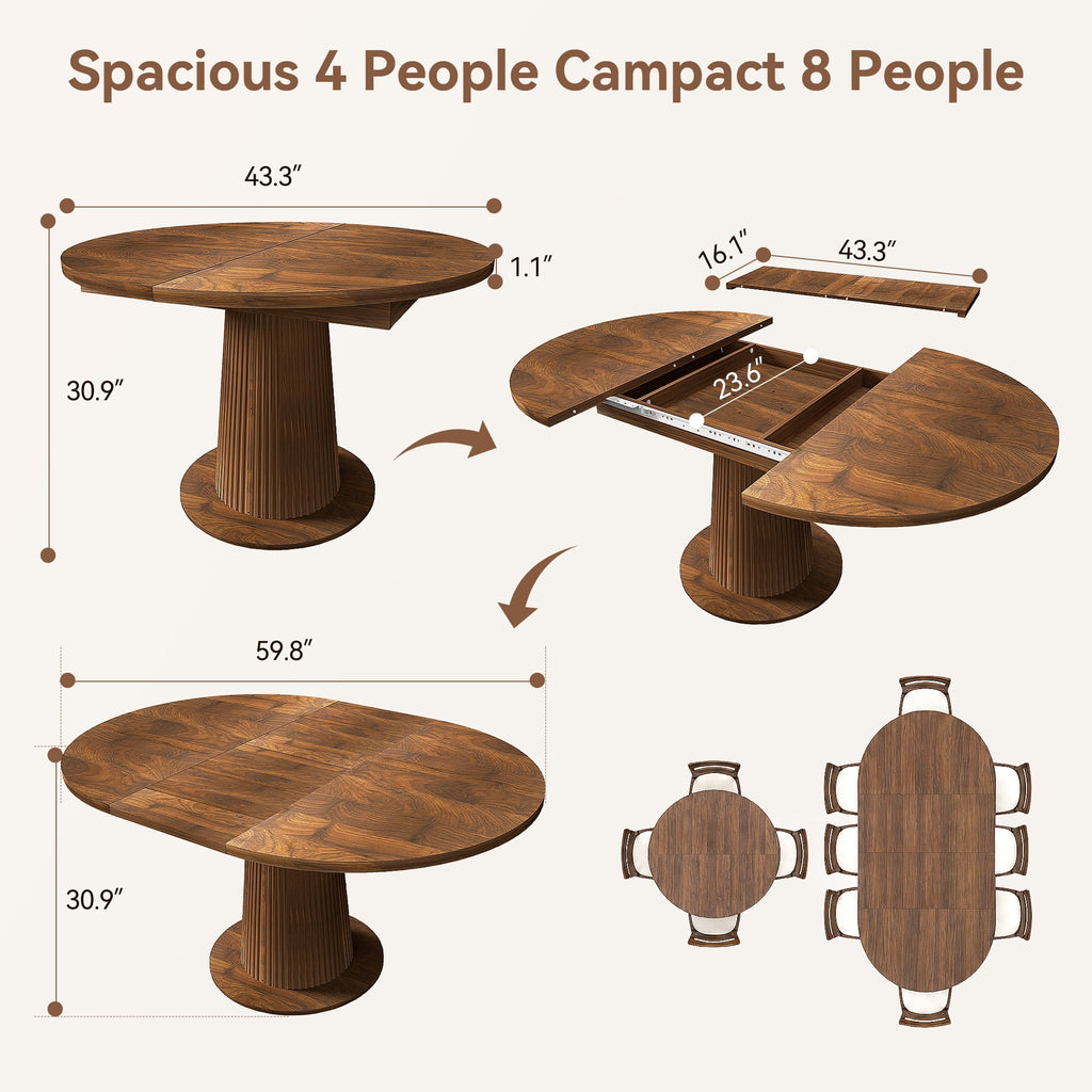 Keenstone Round Dining Table 43-59 Extendable, for 4 to 6, with Storage Space, Kitchen Dinner Room Table for Dining Room and Small Space Walnut