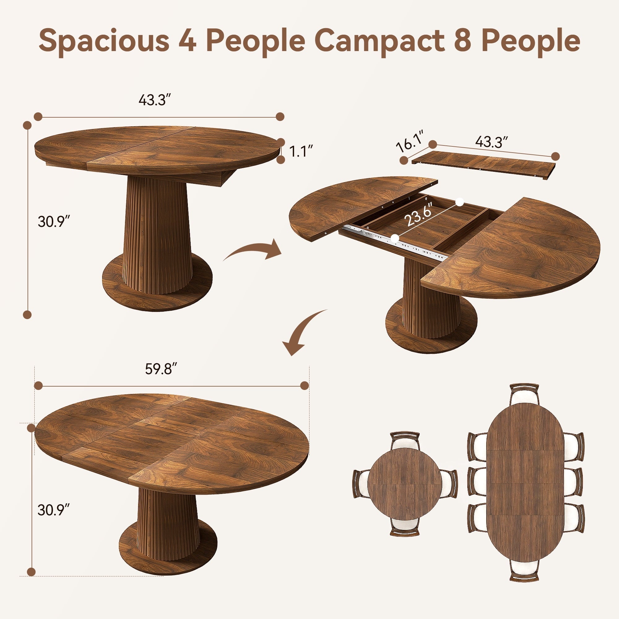 Keenstone Round Dining Table 43-59 Extendable, for 4 to 6, with Storage Space, Kitchen Dinner Room Table for Dining Room and Small Space Walnut
