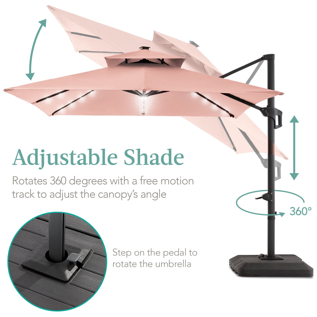 Best Choice Products 10x10ft 2-Tier Square Outdoor Solar LED Cantilever Patio Umbrella w/ Base Included - Tan