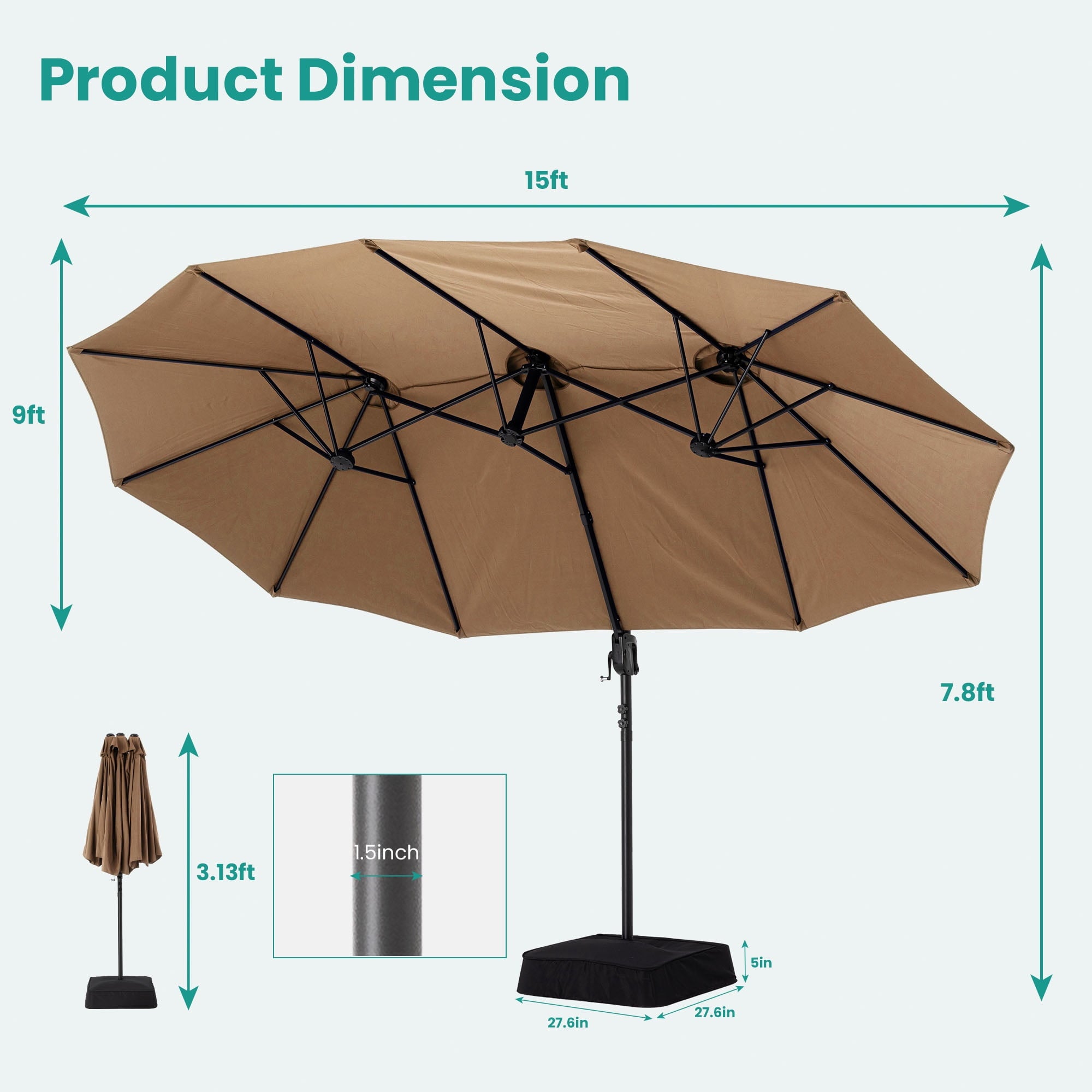 MOALCOFER 15 x 9 FT Double Sided Patio Umbrella with Base Included, Outdoor Rectangular Market Umbrella with Crank Lift, 12 Reinforced Ribs， Khaki