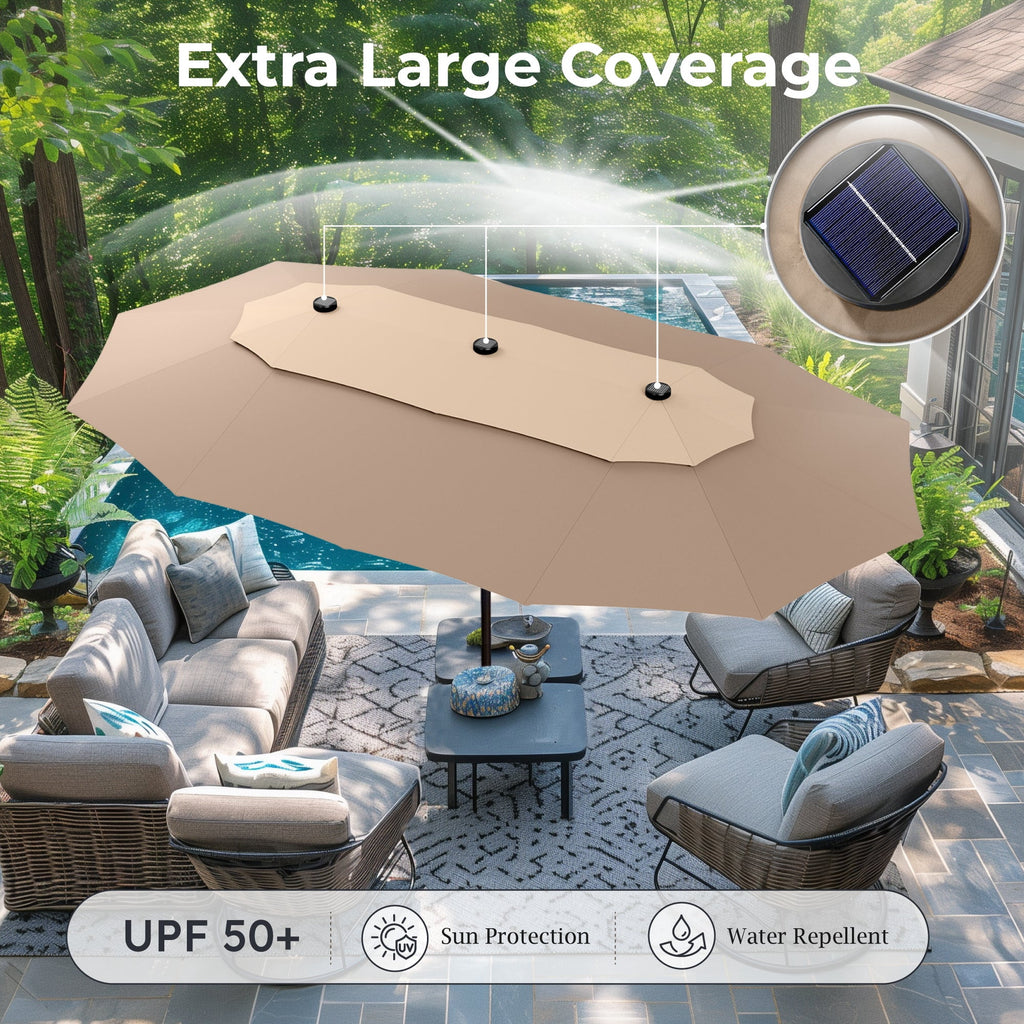 Alpha Joy 15ft Dual-Layer Extra Large Outdoor Patio Umbrella Double-Sided Ventilation Umbrella with Led Lights & Umbrella Base, Beige