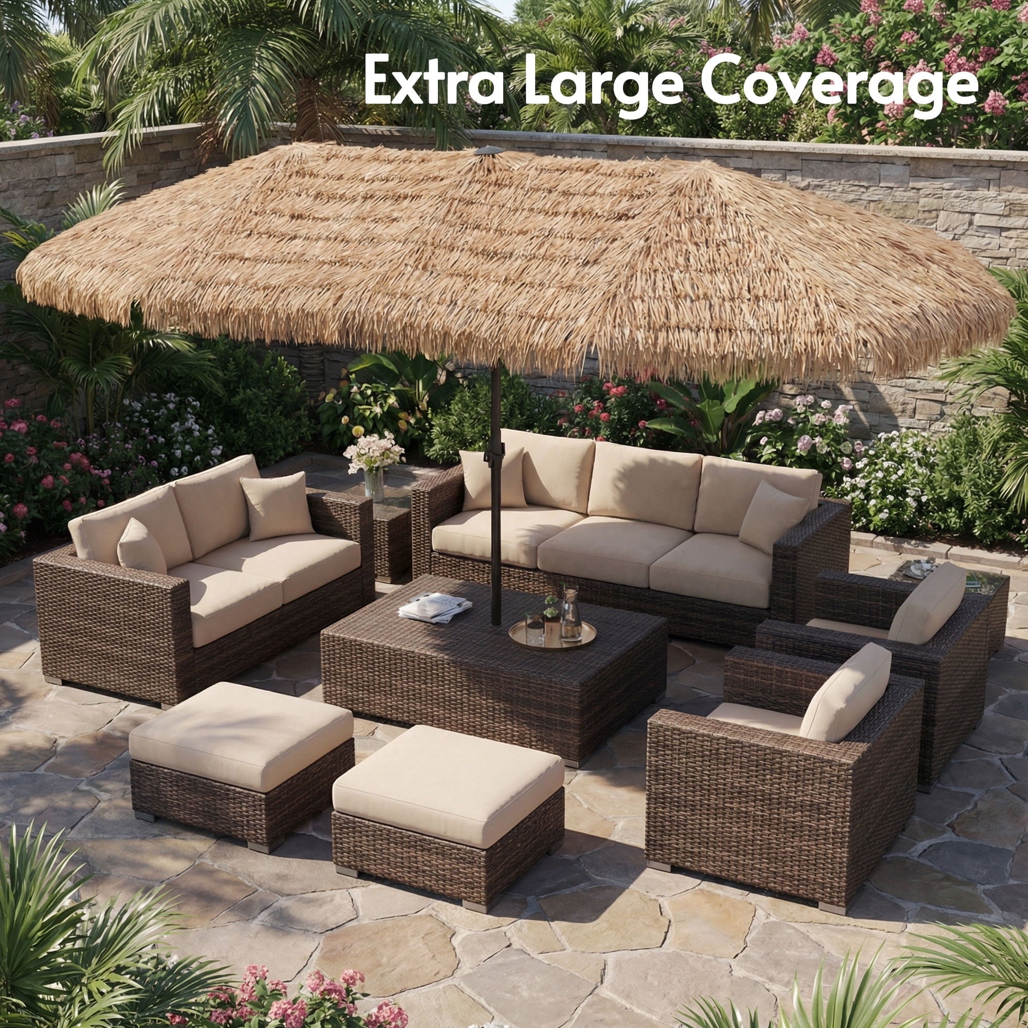 LAZZO 15ft Large Patio Umbrella with Base and Lights, Double-Sided Rectangular Outdoor Deck Umbrella, Tiki Style