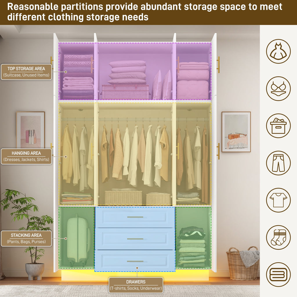 ChVans 3 Door Armoire Wardrobe Closet with Top Cabinet and Mirror, 94.5'' LED Wardrobe Armoire with 3 Drawers, Hanging Rod & Multi-Layer Shelves for Bedroom, Black