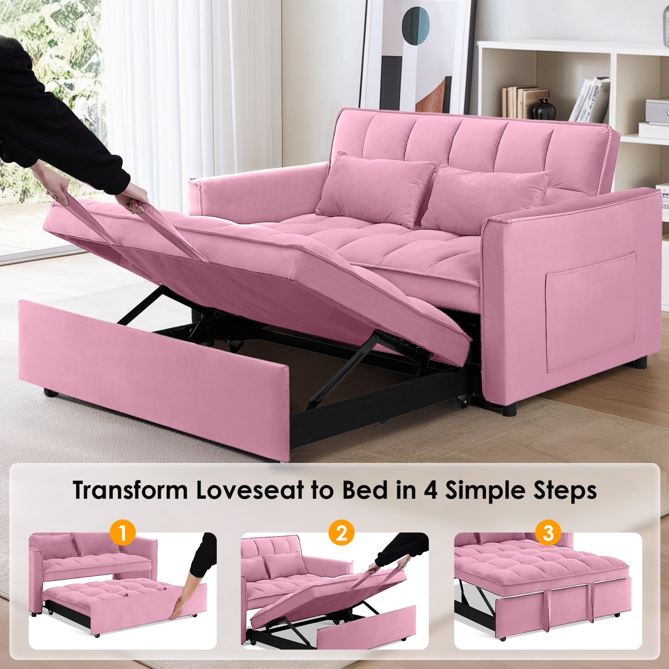 Anpport 3-in-1 Convertible Sleeper Sofa Bed, Pull-Out Loveseat Couch with Adjustable Back for Small Spaces, Velvet Fabric, 55, Dark Gray