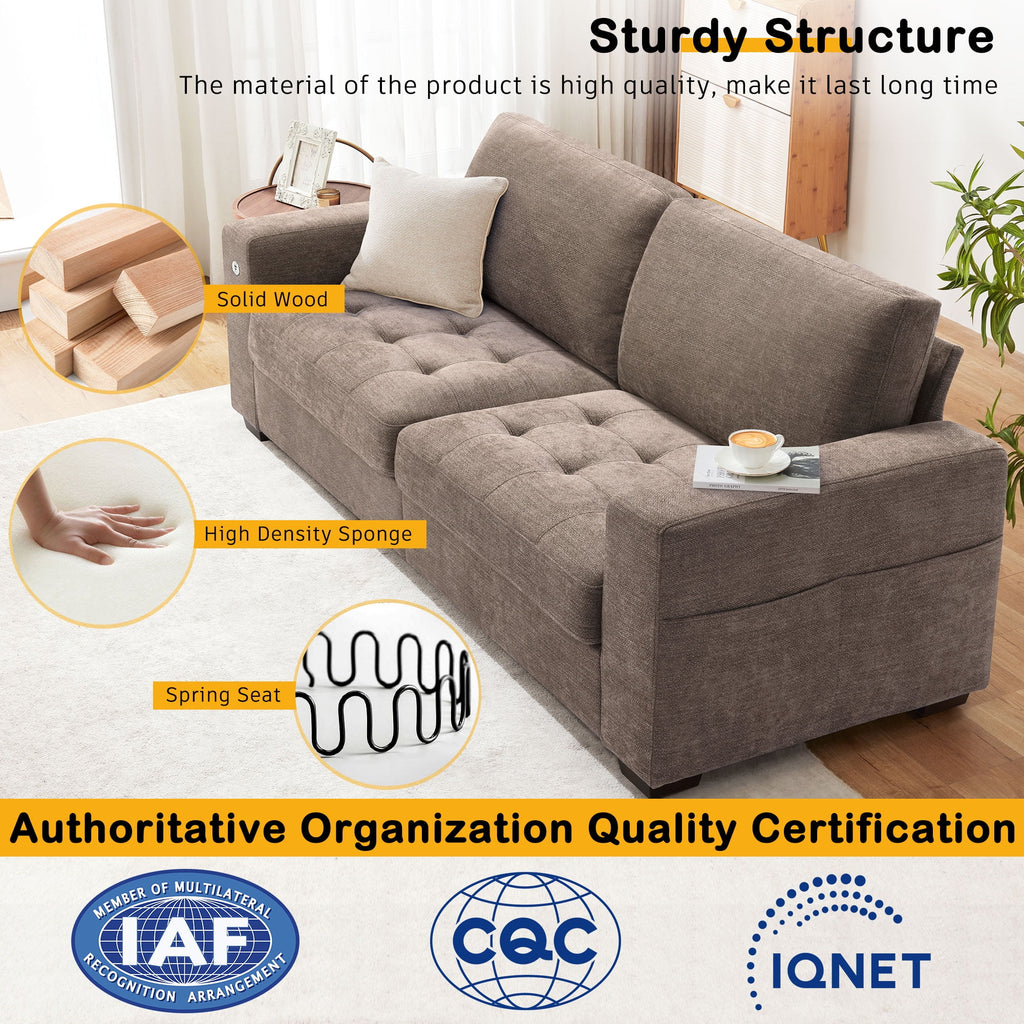 Bedluxury 89 Deep Sofa Couch with USB/Type-C Charging, Storage Pocket & Wide Armrest, Removable Cover, Seats 3 Adults, Chenille Beige