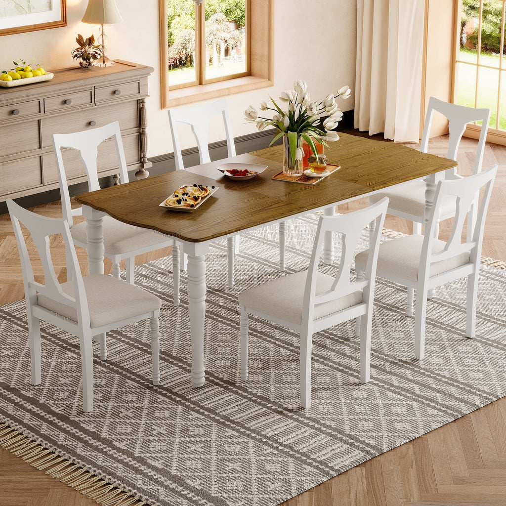 Harper & Bright Designs 7 Pieces Retro Dining Set for 6, Wood Rectangular Table with Designed Trestle Base and 6 Upholstered Chairs for Dining Room and Kitchen, Grey