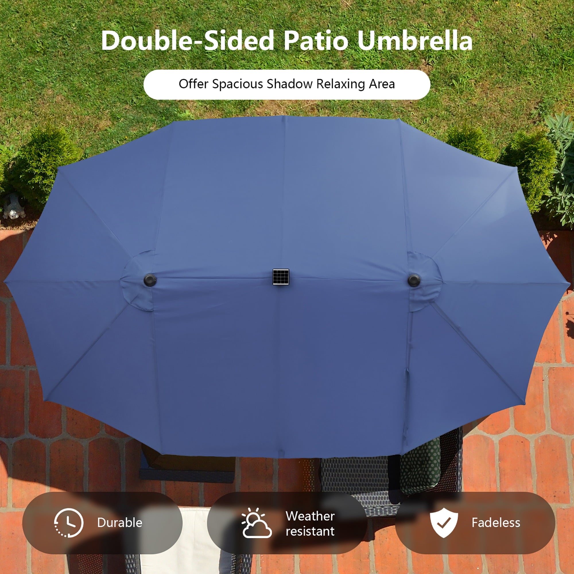 Gymax Outdoor 15' Double-Sided Patio Umbrella 48 Solar LED Lights Crank & Base Coffee