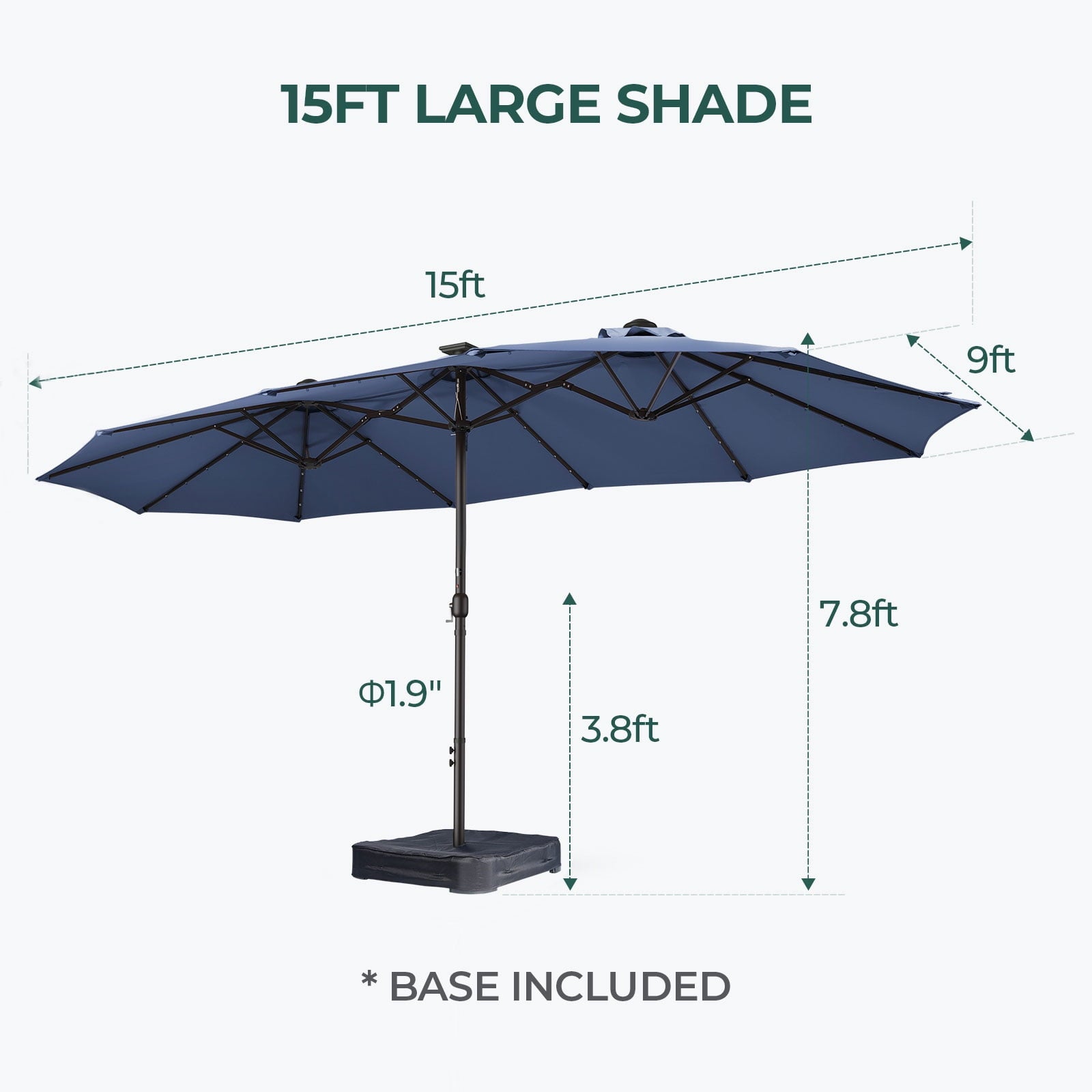 Patbrela 15ft Patio Umbrella with Light and Base, Double Sided  Large Rectangular Outdoor Umbrella with Crank Handle, for Garden, Yard, Poolside and Outdoor Activities, Gray