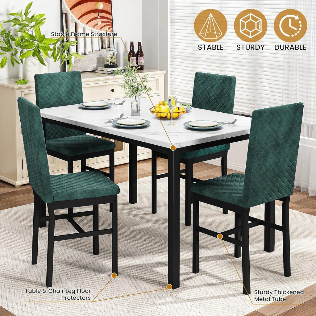Baxluxe Dining Table Set for 4, Modern 5 Piece Dining Table Set, Faux Marble Kitchen Table and 4 Velvet Upholstered Chairs for Apartments, Dining Rooms, Small Spaces, Gray