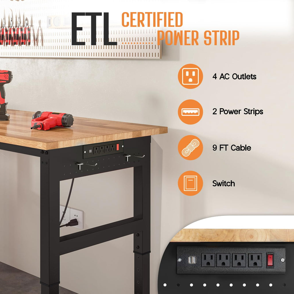 LUXOAK 68x48 L-Shaped Workbench with Power Strip, Adjustable Height Heavy Duty Work Table with Pegboard, 6000Lbs Load Capacity, for Garage
