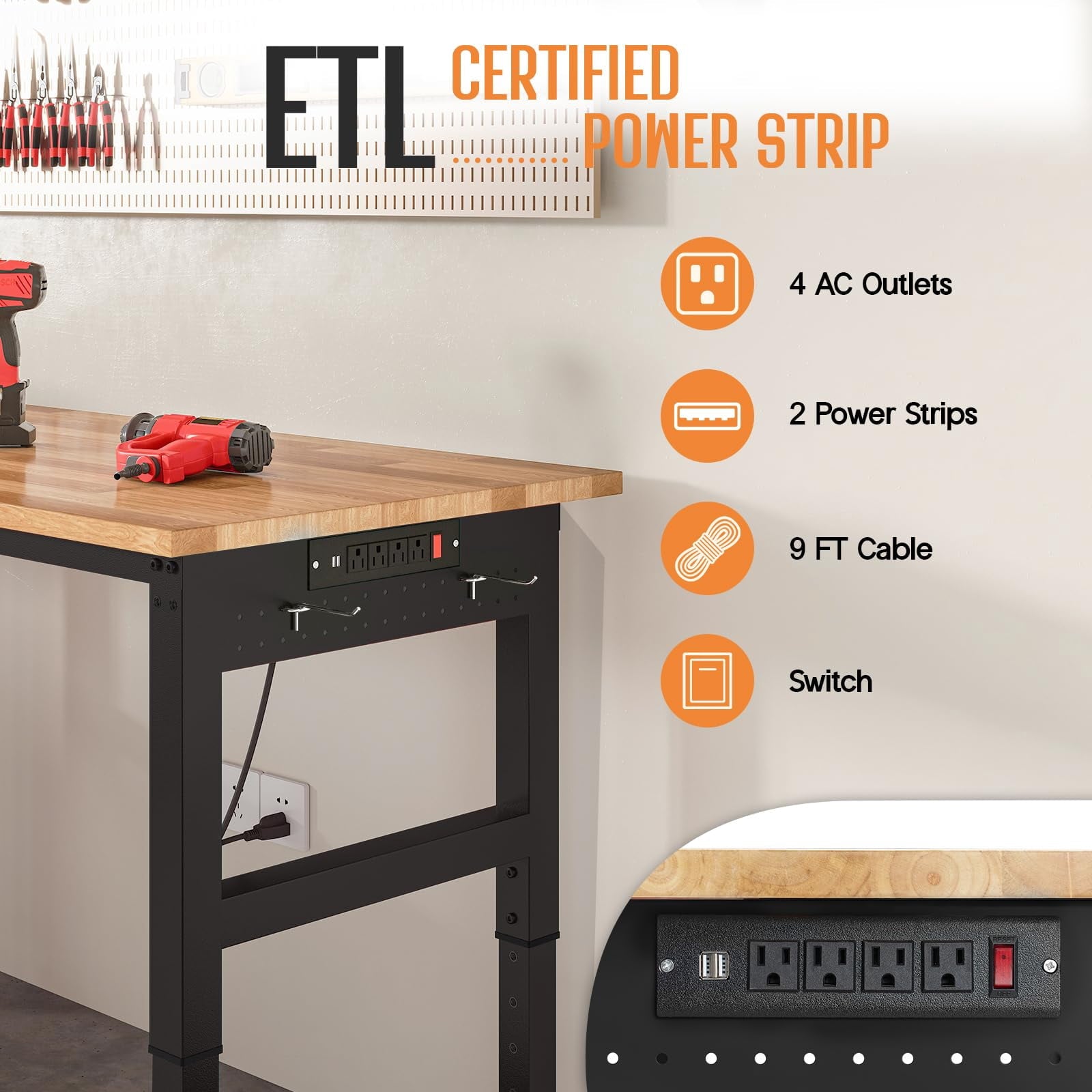 LUXOAK 68x48 L-Shaped Workbench with Power Strip, Adjustable Height Heavy Duty Work Table with Pegboard, 6000Lbs Load Capacity, for Garage