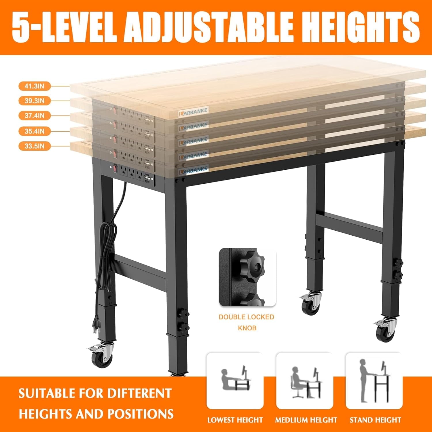 48 Adjustable Workbench with Wheels,Heavy-Duty Rubber Wood Worktable with Power Outlets &  Scales & Foot Pads,2000 LBS Load Capacity Work Benches for Garage,Workshop,Office,Home