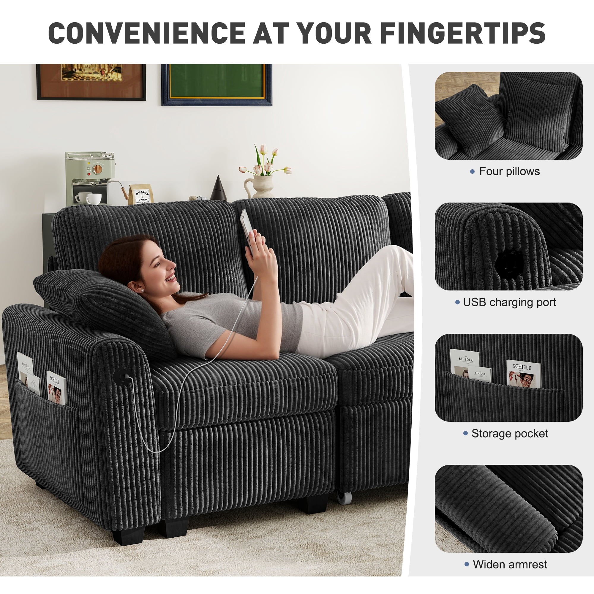BedLuxury 83 Sectional Sleeper Sofa With Pull Out Bed, Storage Seat & USB Charging, L Shape Modern Couch for Living Room, Corduroy Gray