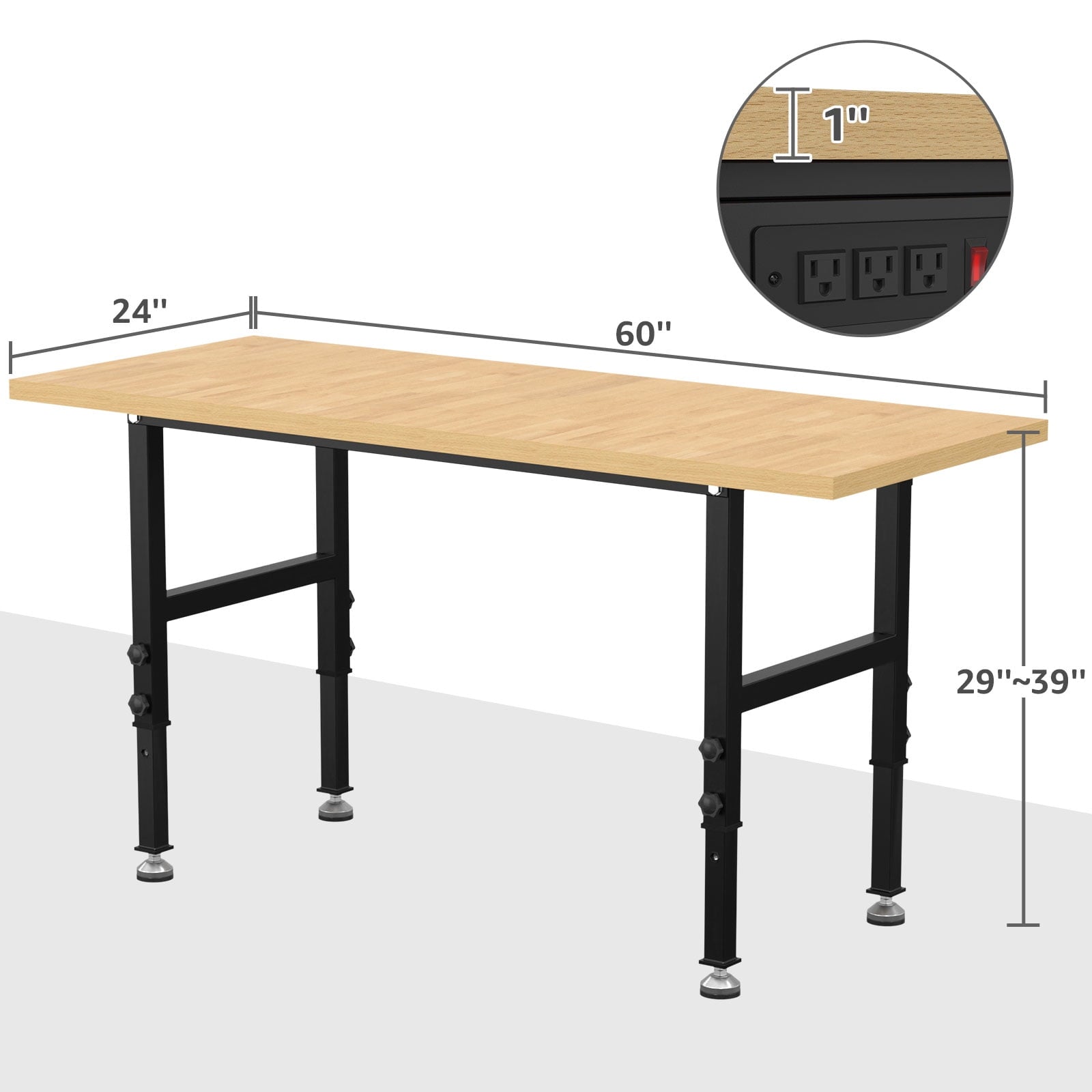 60 Adjustable Workbench,Heavy-Duty Work Table,3000 LBS Load Capacity Hardwood Workstation Outlets with Power strips and Wheels,for Workshop, Garage