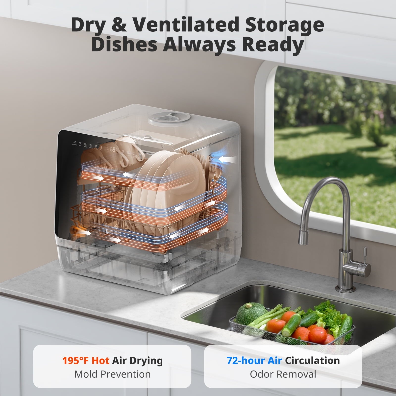 AIRMSEN Countertop Dishwasher with Salt Chamber, Portable Mini Dishwasher with 5L Built-in Water Tank, 18H Delay Start & ECO Mode, Ideal for Apartments & RVs, TDQR09