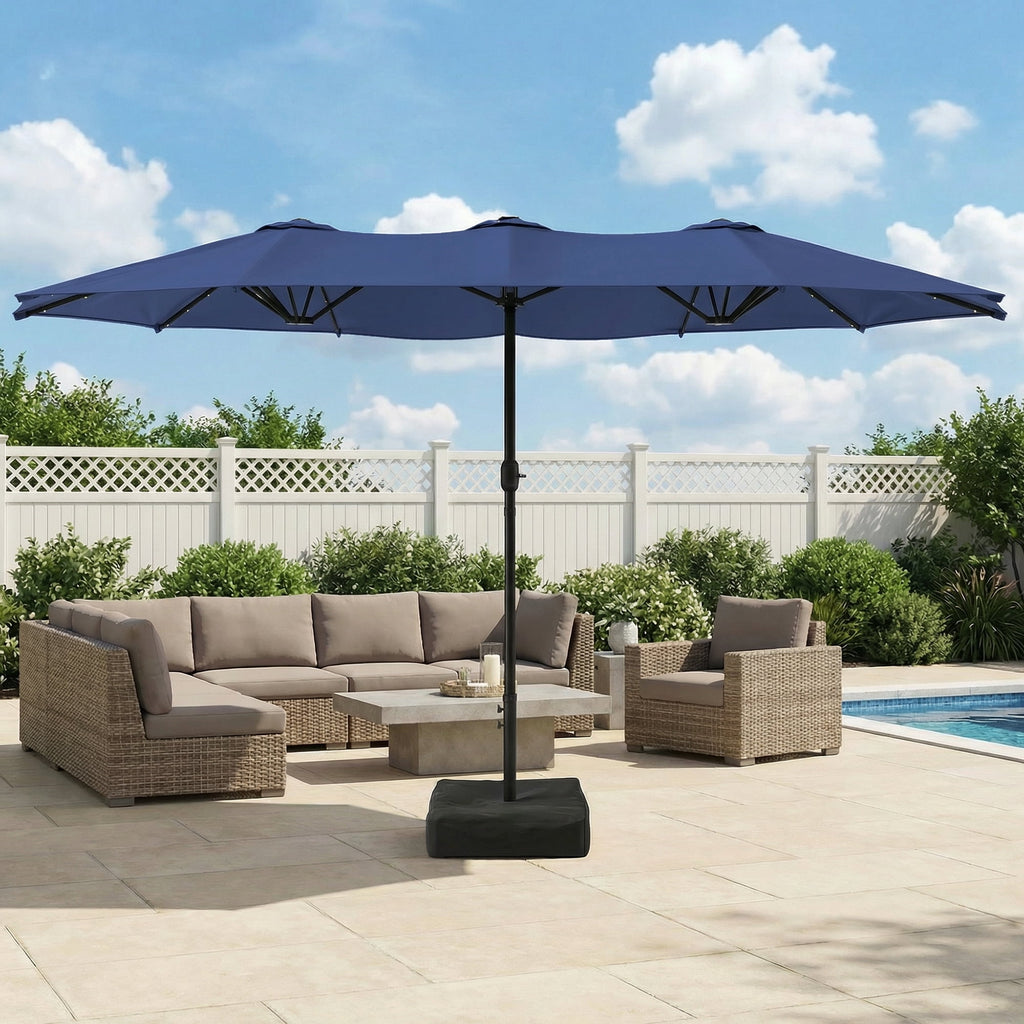 LAZZO 15ft Large Patio Umbrella with Base and Lights, Double-Sided Rectangular Outdoor Deck Umbrella, Tiki Style