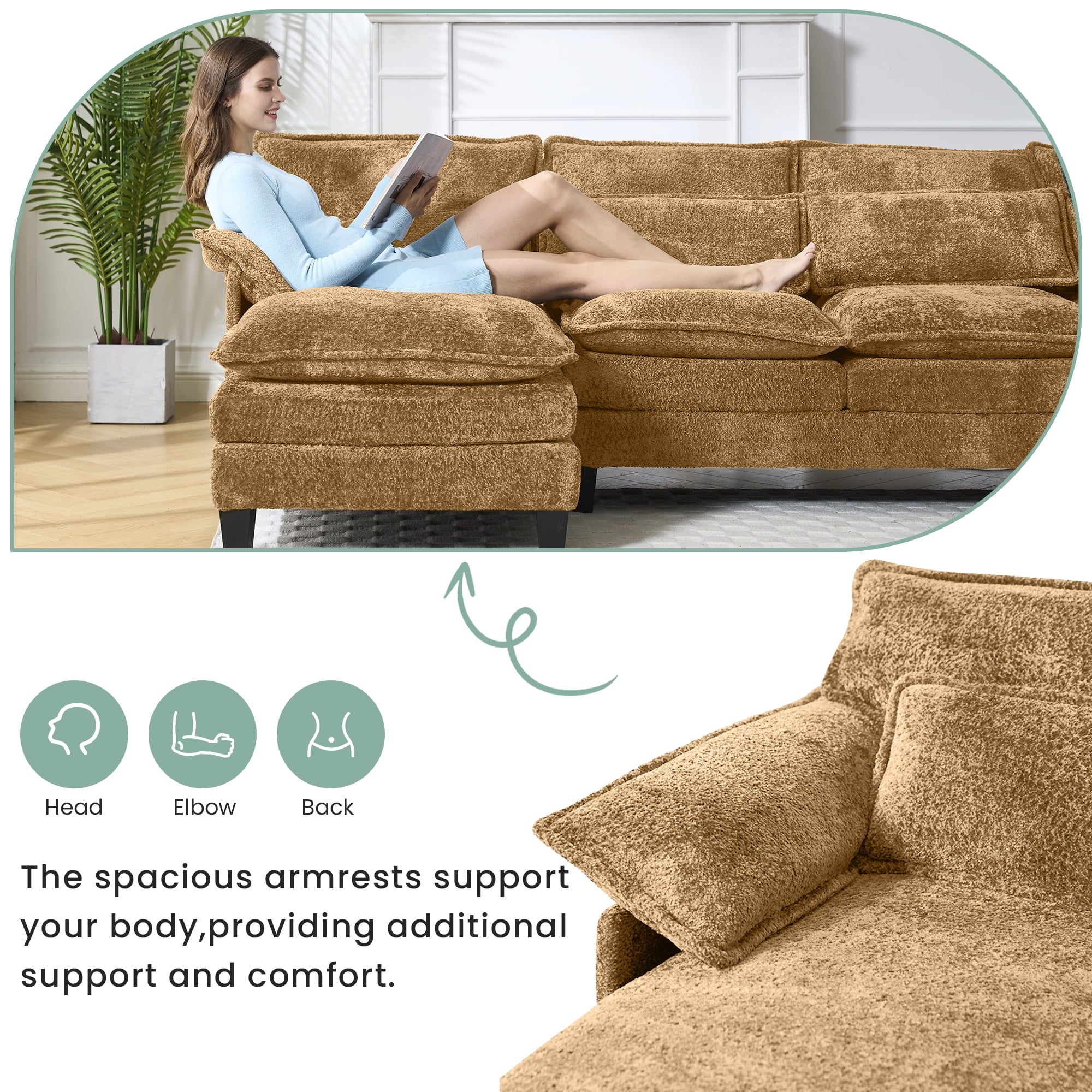 JONPONY109.45 U Shaped Couch,Oversized 4 Seat Sectional with 4 Waist Pillows, Convertible Upholstery Symmetrical Sofá,Sleeper Sofa Couch with Double Chaise Lounge &Memory Foam for Living Room, Beige