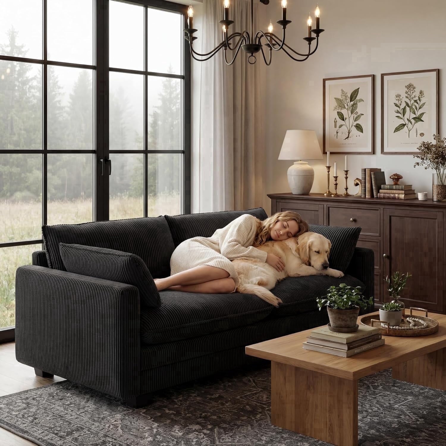110'' Oversized L Shaped Couch for Living Room, Cloud Couches with Washable Corduroy Cover, Modern 4-Seater Comfy Deep-Seat Sofa with Movable Ottoman and 2 Throw Pillows for Apartment, Gray