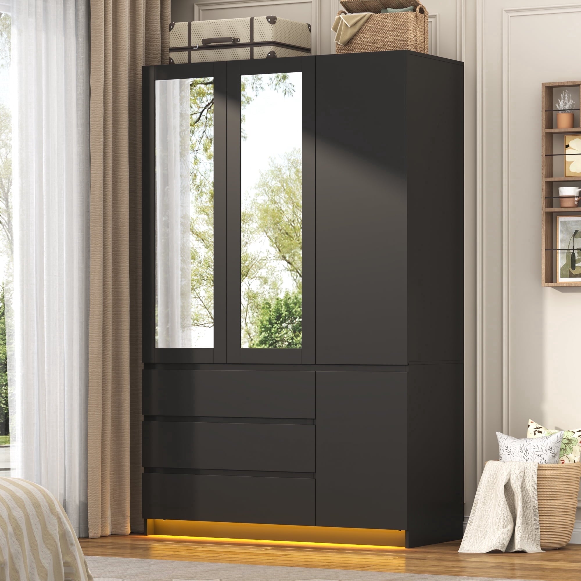 75 Tall 3 Doors Armoire Wardrobe Closet with  3 Drawers and Mirror, Large Wardrobe Closet for Bedroom with LED Lights, Wooden Armoire Storage Cabinet with Hanging Rod, Adjustable shelves (White)