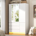 75 Tall 3 Doors Armoire Wardrobe Closet with  3 Drawers and Mirror, Large Wardrobe Closet for Bedroom with LED Lights, Wooden Armoire Storage Cabinet with Hanging Rod, Adjustable shelves (White)