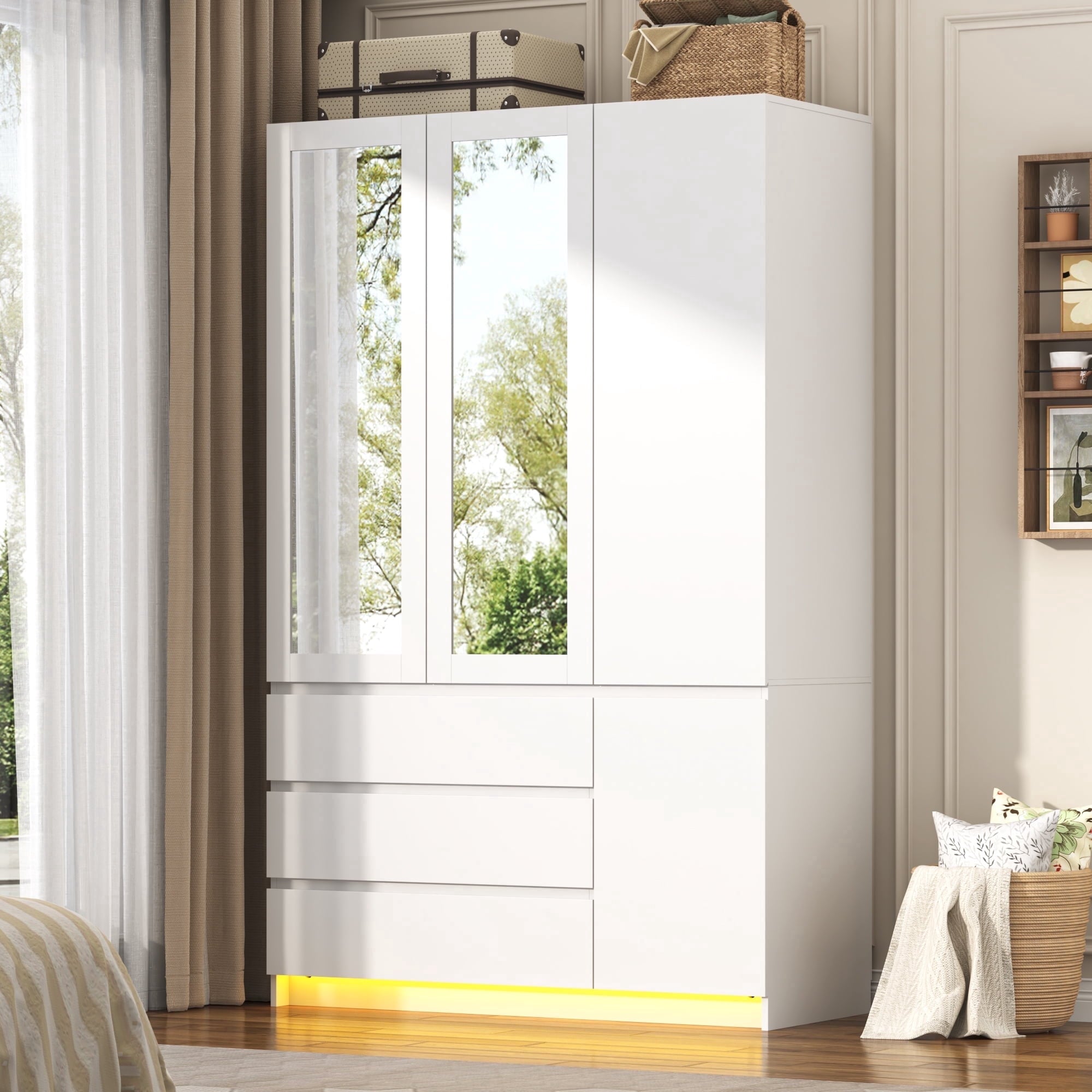 75 Tall 3 Doors Armoire Wardrobe Closet with  3 Drawers and Mirror, Large Wardrobe Closet for Bedroom with LED Lights, Wooden Armoire Storage Cabinet with Hanging Rod, Adjustable shelves (White)