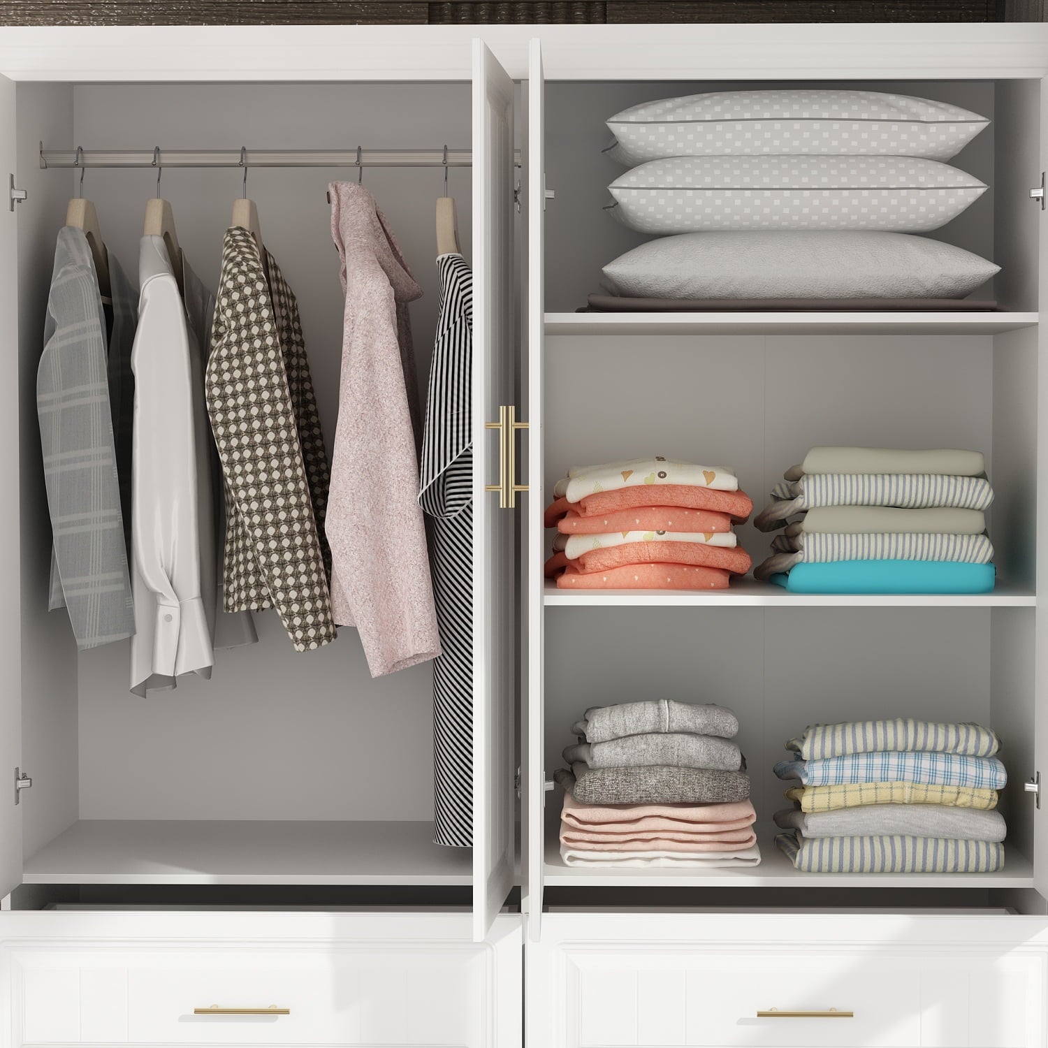 KULAGAGA 4-Door White Armoire, 63 Wide Wardrobe Storage Cabinet with Shelves and Drawers for Bedroom,74.4 H