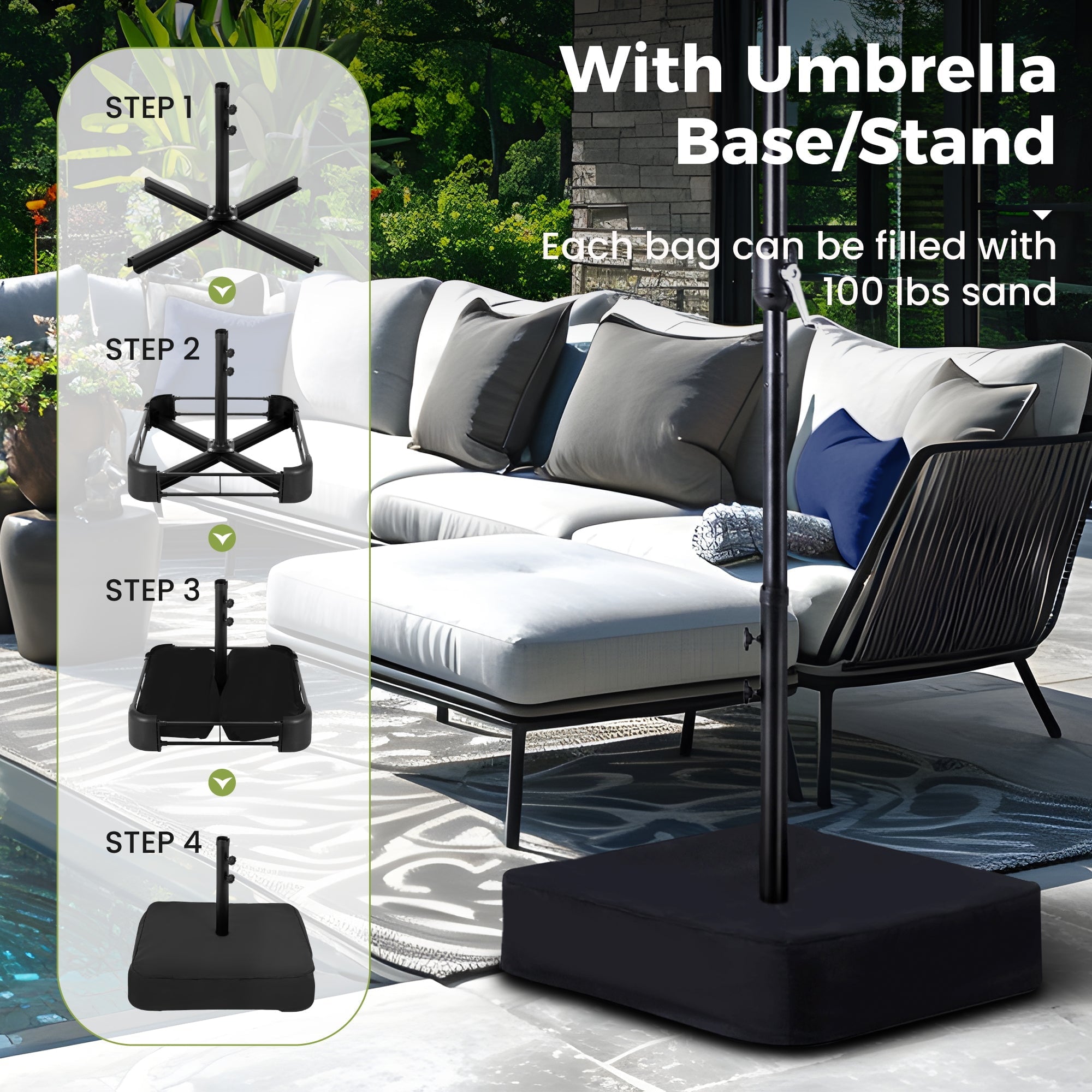 Alpha Joy 15ft Extra Large Outdoor Patio Double-Sided Umbrella with LED Solar Lights & Umbrella Base, Beige