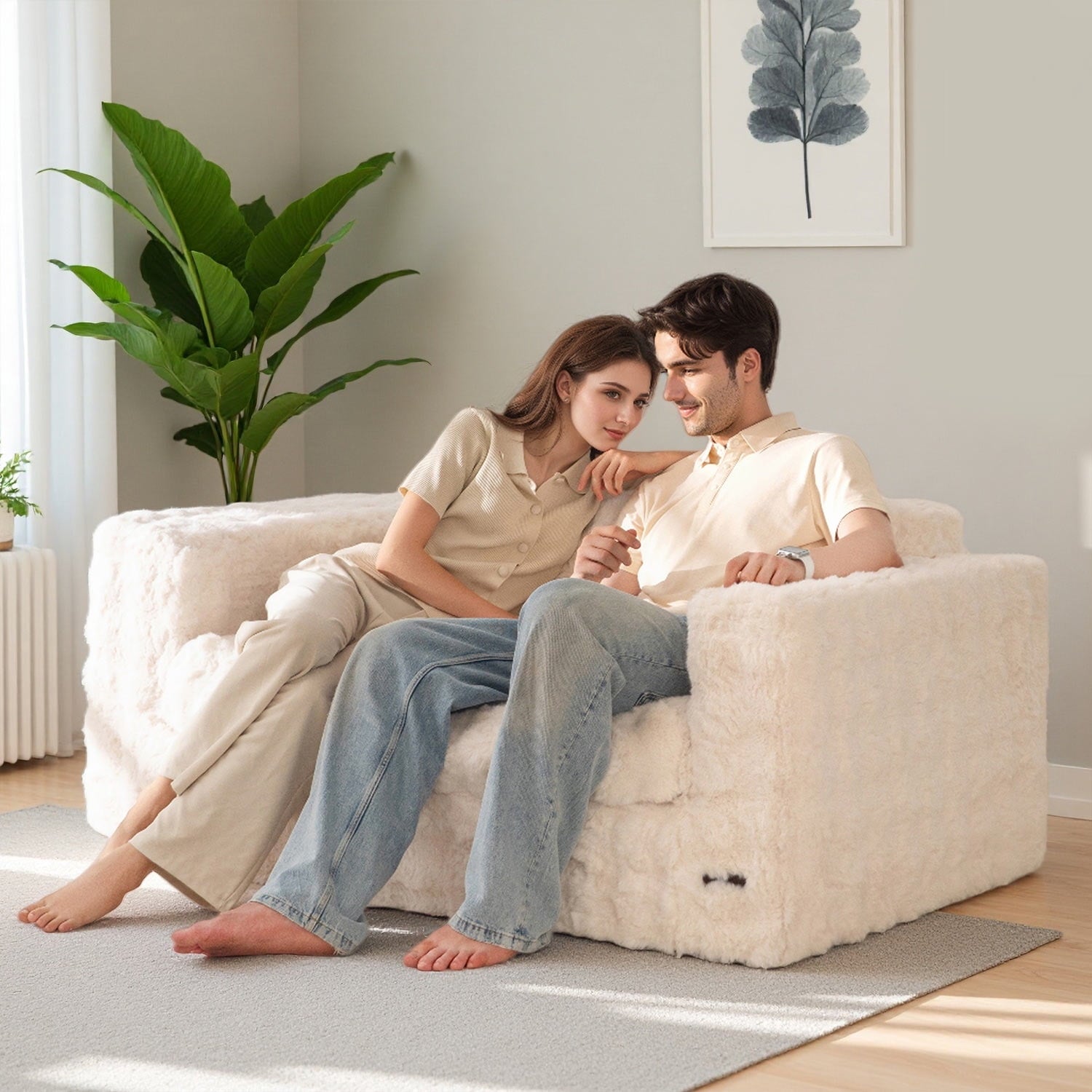 GOODONE Bean Bag Chair Sofa,Giant Loveseat Bubbled Boneless Couch,Modern Soft Comfy Plush Lazy Sofa for Living Room and Apartments,No Assembly Required,Beige