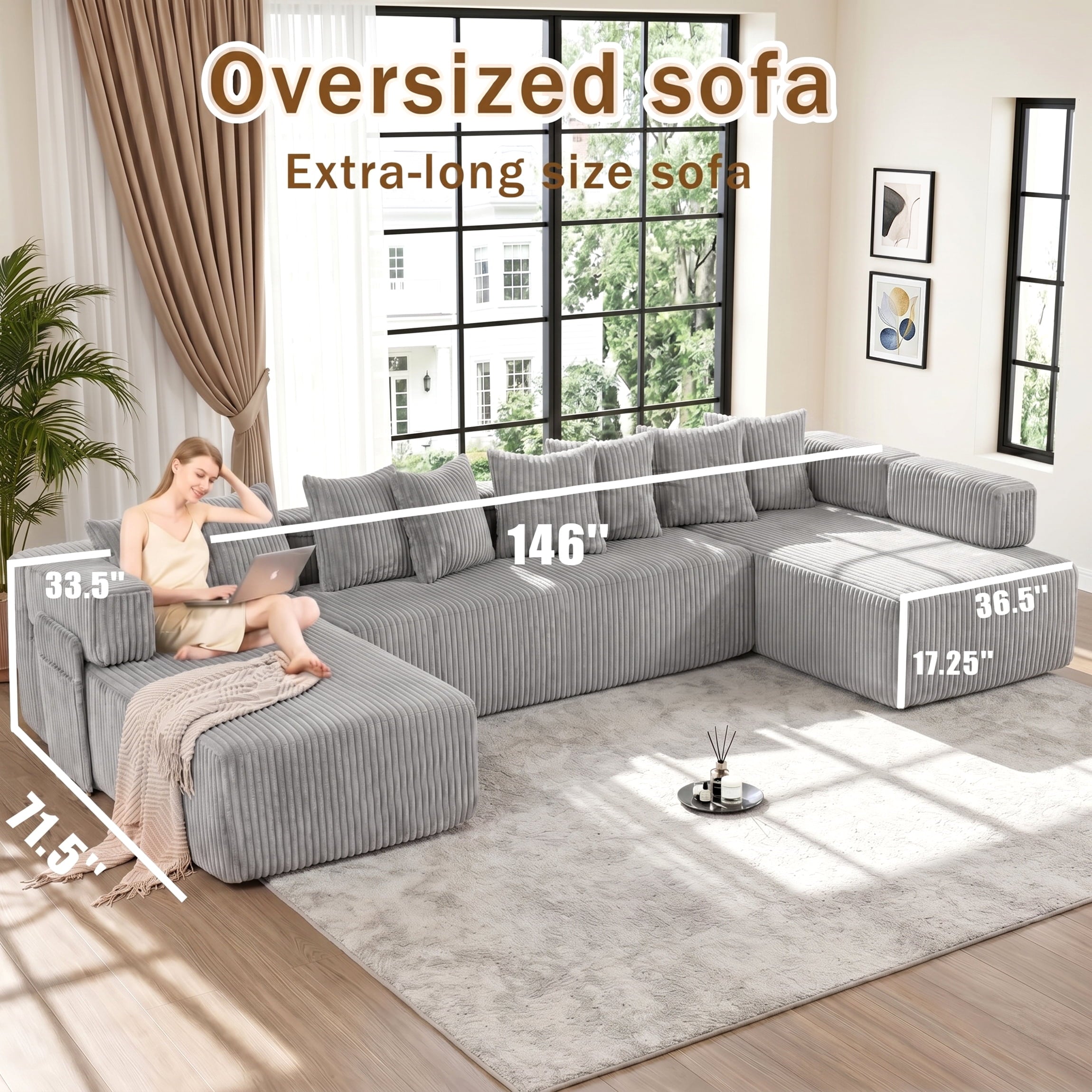 SOULART 138.5 U Shaped Sectional Couch,Gray Cloud Boneless Sofa For Living Room,Plush Corduroy Couches With Deep Seat Chaise Lounge,No Assembly Required
