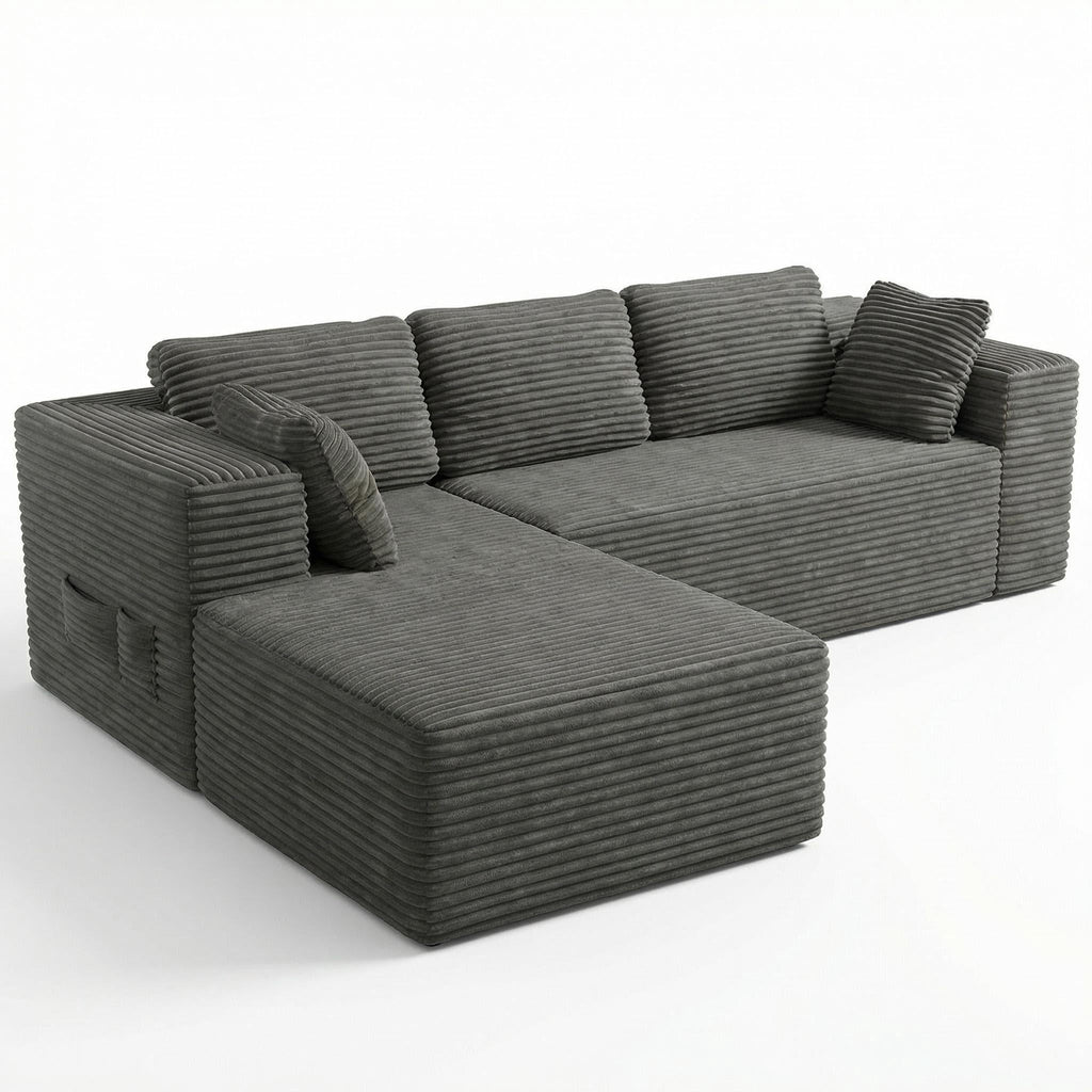 Sofa, Lofka 105 Free Assembly L-Shaped Sectional with Pet Friendly Corduroy Fabric, Black for Living Room/Apartment