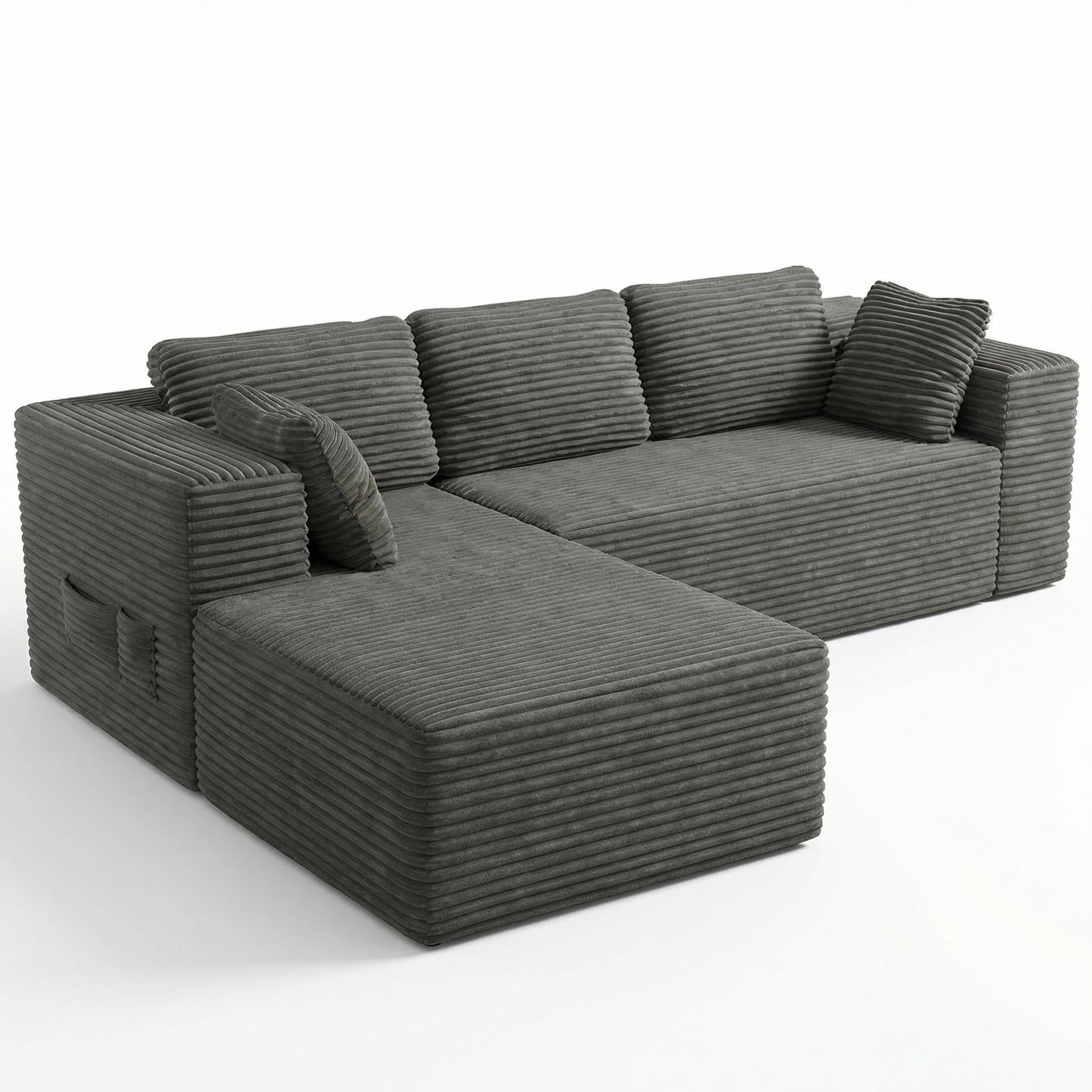 Sofa, Lofka 105 Free Assembly L-Shaped Sectional with Pet Friendly Corduroy Fabric, Black for Living Room/Apartment