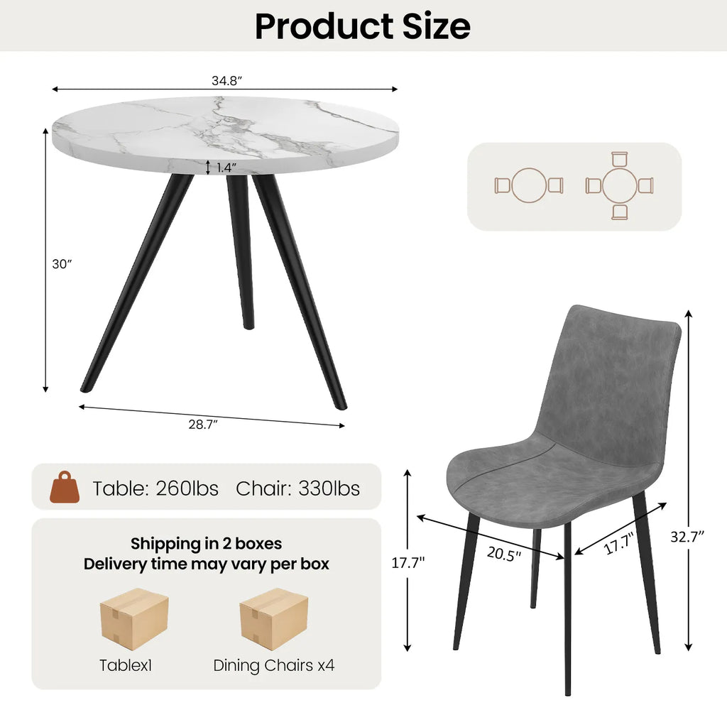 34.8 Round Dining Table Set for 4,5 Piece Mid-Century Modern Dining Set with 4 Upholstered Dining Chairs,Leisure Coffee Table for Kitchen Dining Room, Save Space