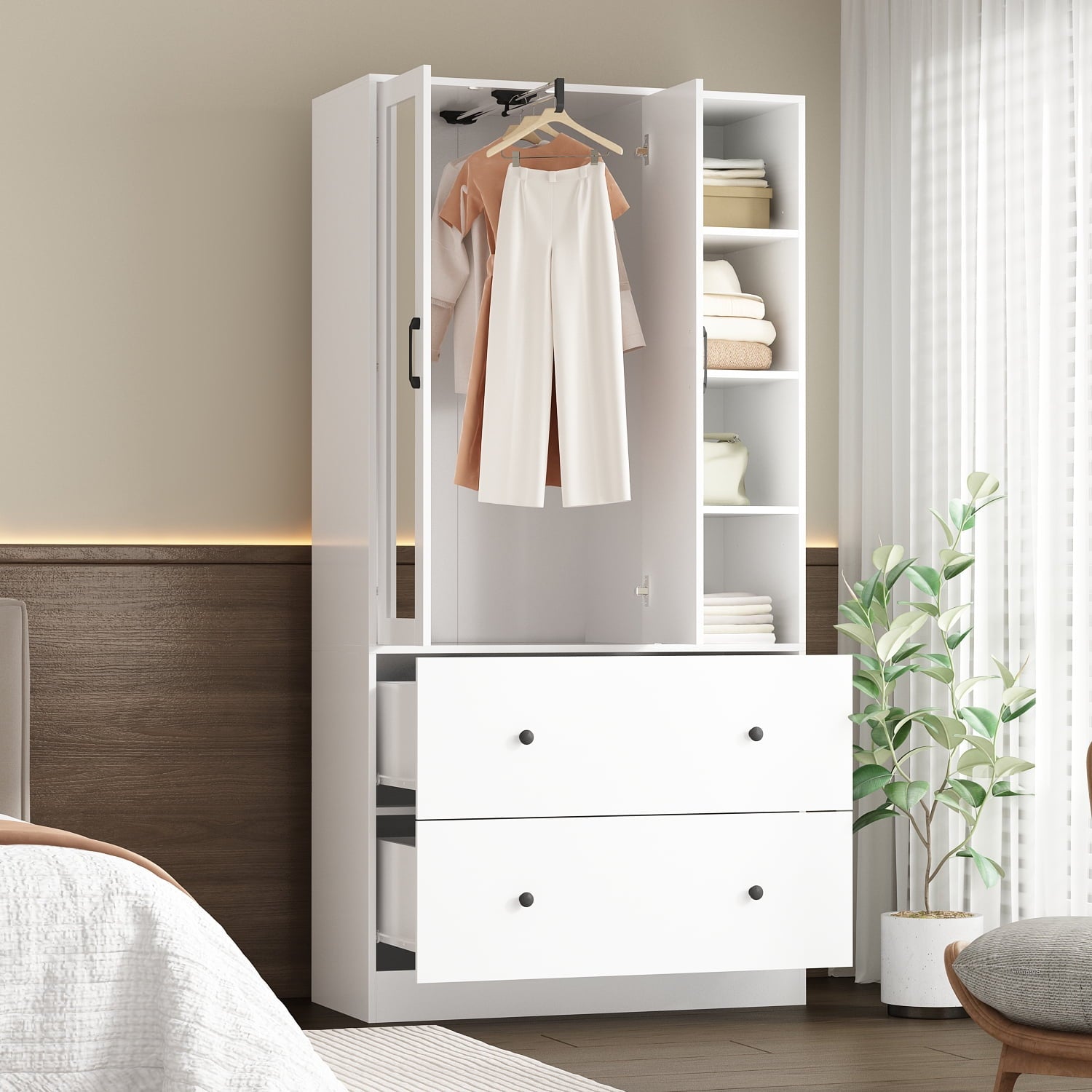 Wiawg 2 Door Wardrobe Armoire,Mirrored Closet Storage with Drawers and Shelves,White