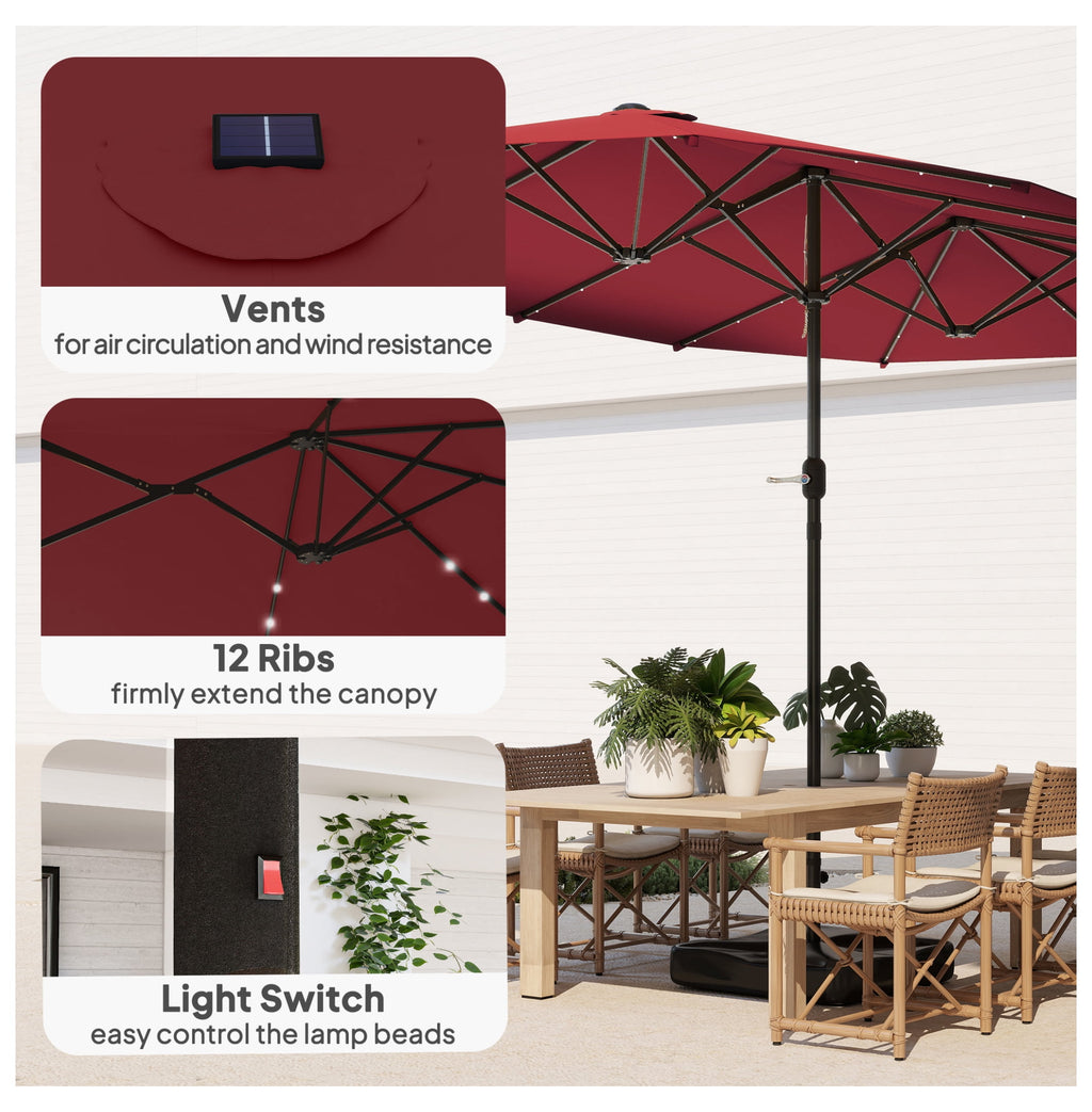 Garden Parasol 14.4ft Double Canopy, Solar LED Patio Umbrella with Base, Wine Red, Outdoor Sun Shade with Crank, Large Steel Frame for Garden, Deck, Backyard