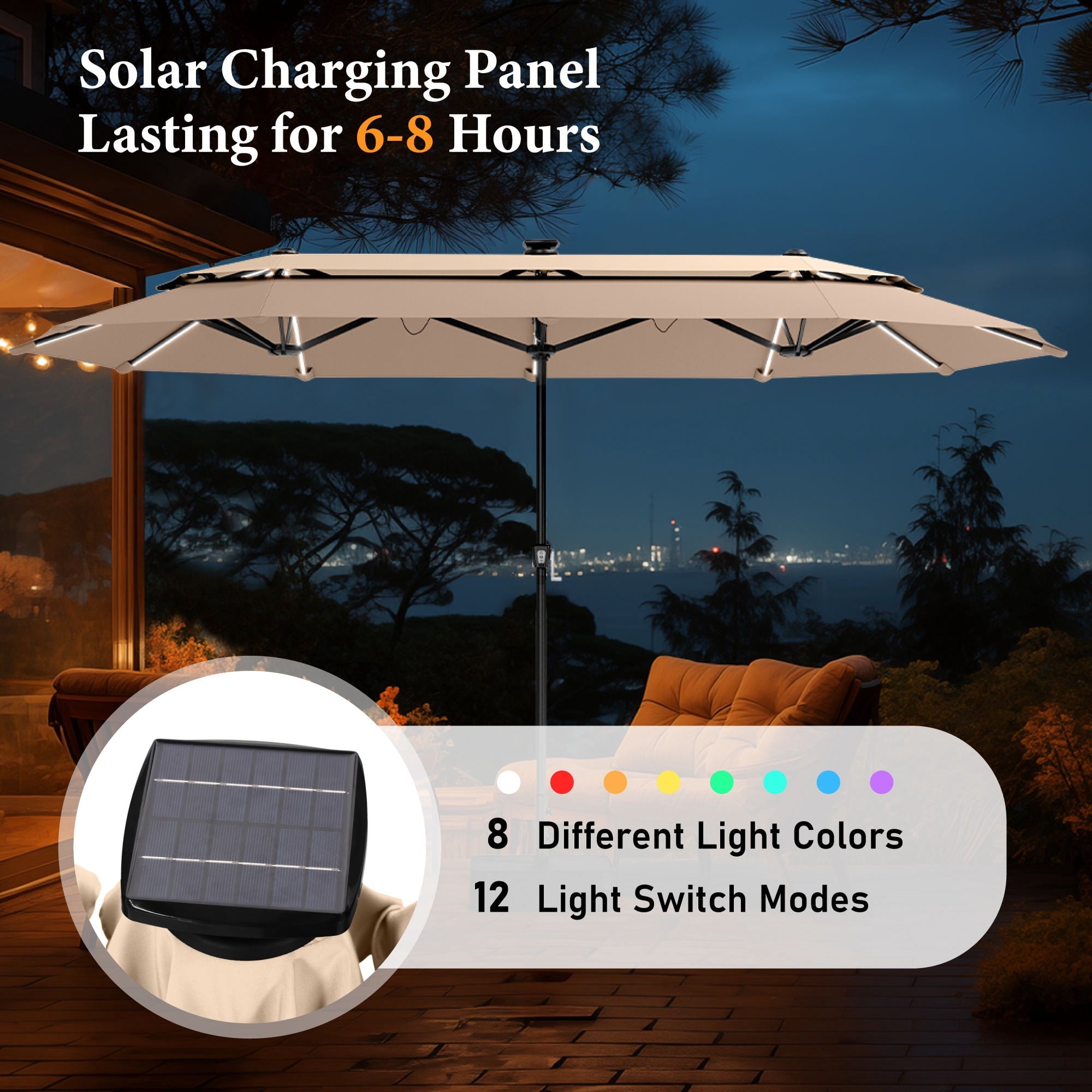 SUMMIT LIVING 13FT Patio Umbrella with Solar Lights & Base, 8 Colors 14 Modes, Double-Vented Outdoor Market Rectangle Umbrella for Garden - Beige & Tan