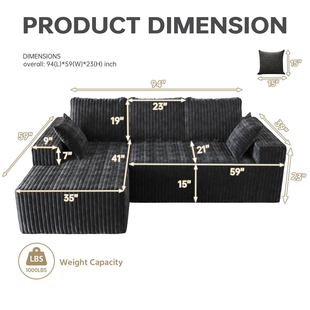 YVDNHP Modular Cloud Sofa - No Assembly Required, 107.8 Oversized L-Shaped Sectional with Chaise, Flannel Fabric Deep Seating Couch for Living Room