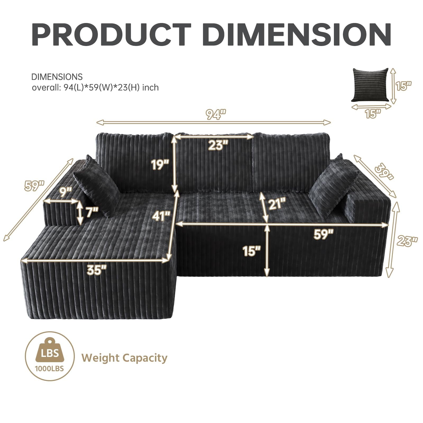 YVDNHP Modular Cloud Sofa - No Assembly Required, 107.8 Oversized L-Shaped Sectional with Chaise, Flannel Fabric Deep Seating Couch for Living Room