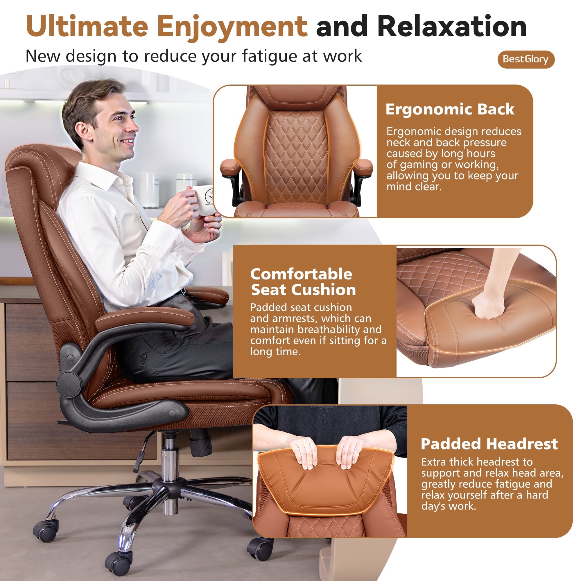 FASTES Ergonomic Office Chair, Big and Tall Leather Desk Chair with Footrest and Lumbar Support, 2-Position Reclining Executive Computer Chair, Black