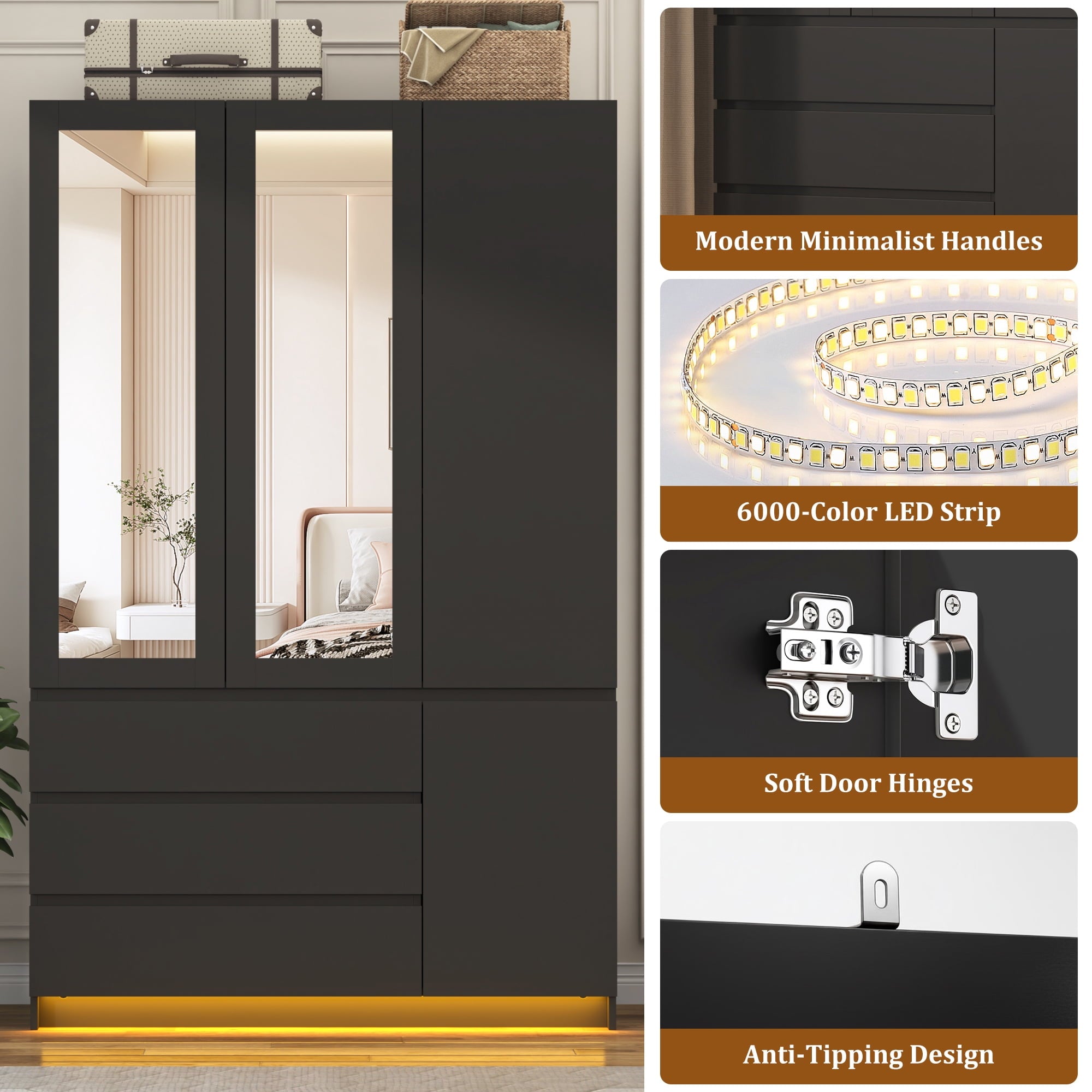 75 Tall 3 Doors Armoire Wardrobe Closet with  3 Drawers and Mirror, Large Wardrobe Closet for Bedroom with LED Lights, Wooden Armoire Storage Cabinet with Hanging Rod, Adjustable shelves (White)