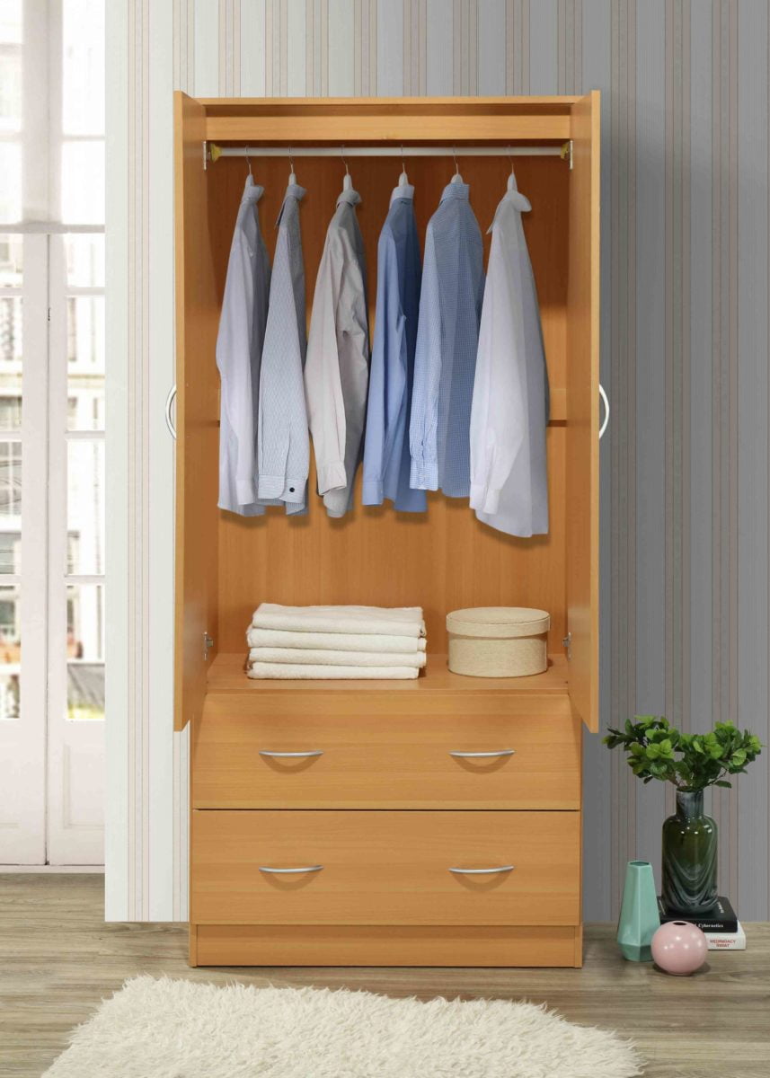 Hodedah Two Door Wardrobe with Two Drawers and Hanging Rod plus Mirror, Black